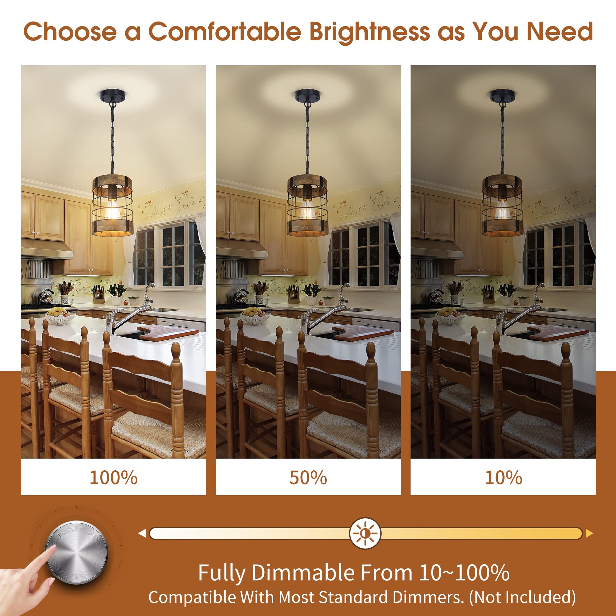 Rustic Pendant Light Fixtures, Farmhouse Kitchen Wood Hanging Lighting, Industrial Round Cage Chandelier For Entryway Hallway Di