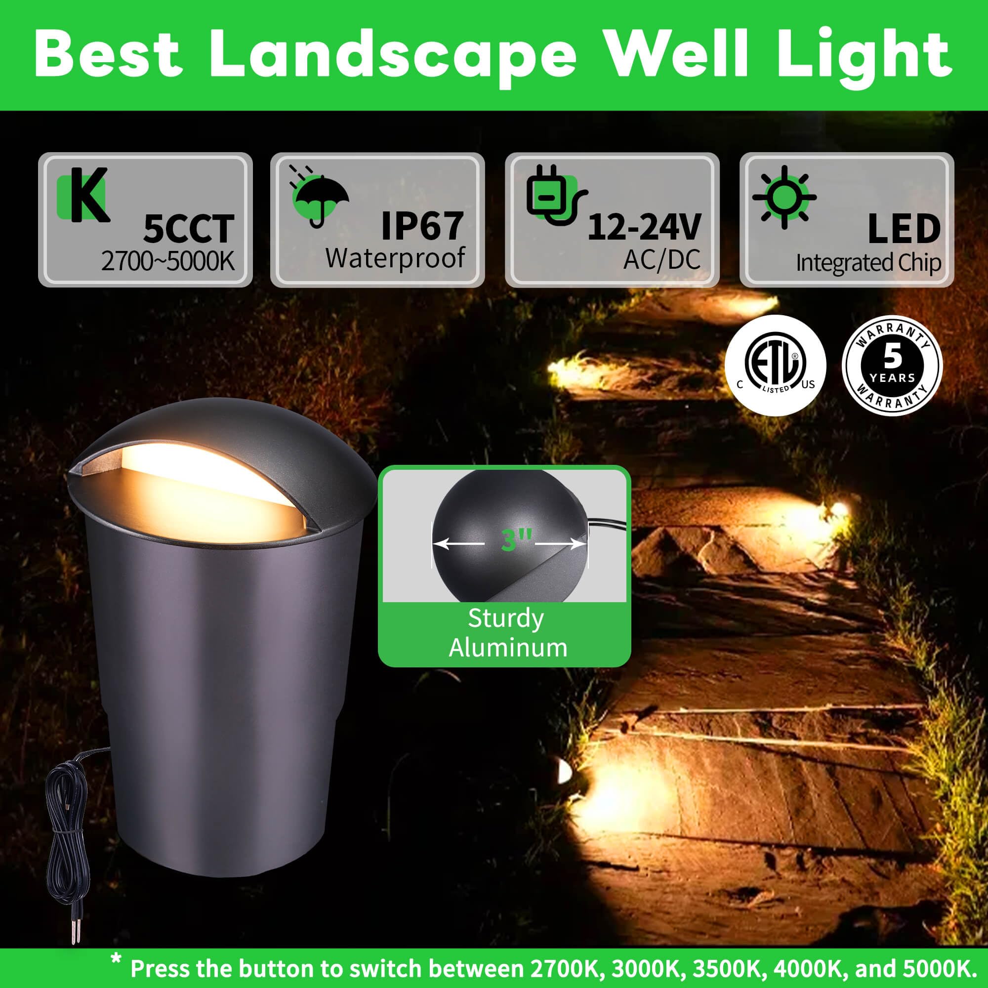 Varmtalys Low Voltage Well Lights - 5 Colors Temp Ip67 In-Ground Light, 2700K/3000K/3500K/4000K/5000K Outdoor 12V Led Turret Top