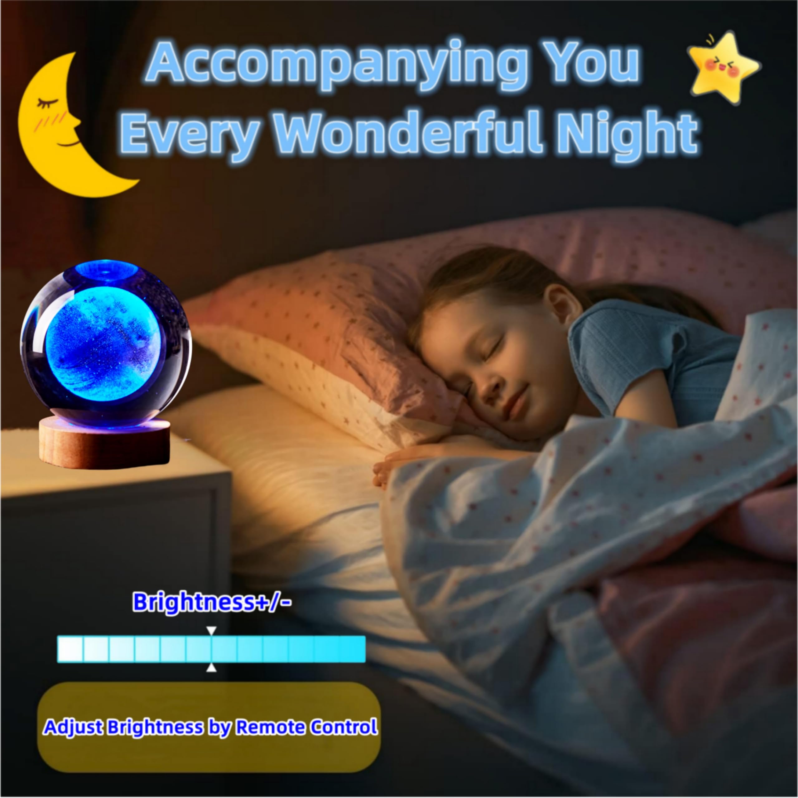 3D Moon Crystal Ball Lamp,3.15 Inch Crystal Ball Night Light With Wooden Base,16 Colors Changing Light,Dimmable Remote Control,D
