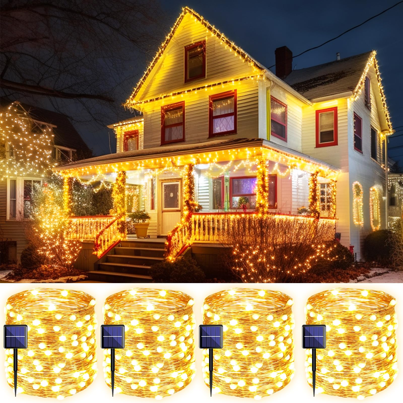 Cuorung 4 Pack Solar String Lights For Outside, 400Led 160Ft Bright Solar Lights Outdoor Waterproof, Copper Wire With 8 Modes Fairy Lights For Tree Garden Party Wedding Halloween Decor (Warm White)