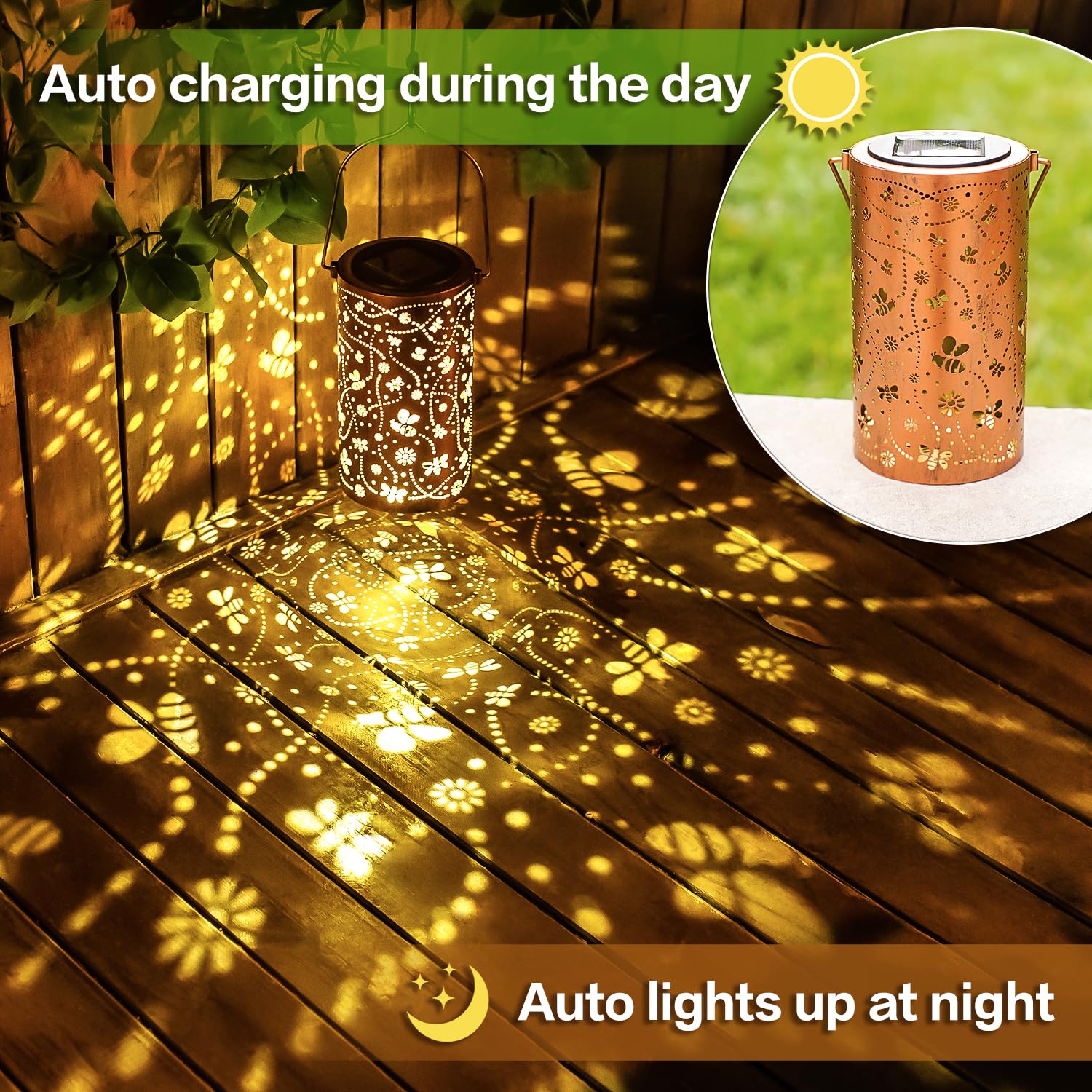 2 Pack Bee Solar Lanterns Outdoor Waterproof Hanging Solar Lights Bee Gifts For Women Men Metal Decorative Led Bee Lanterns For