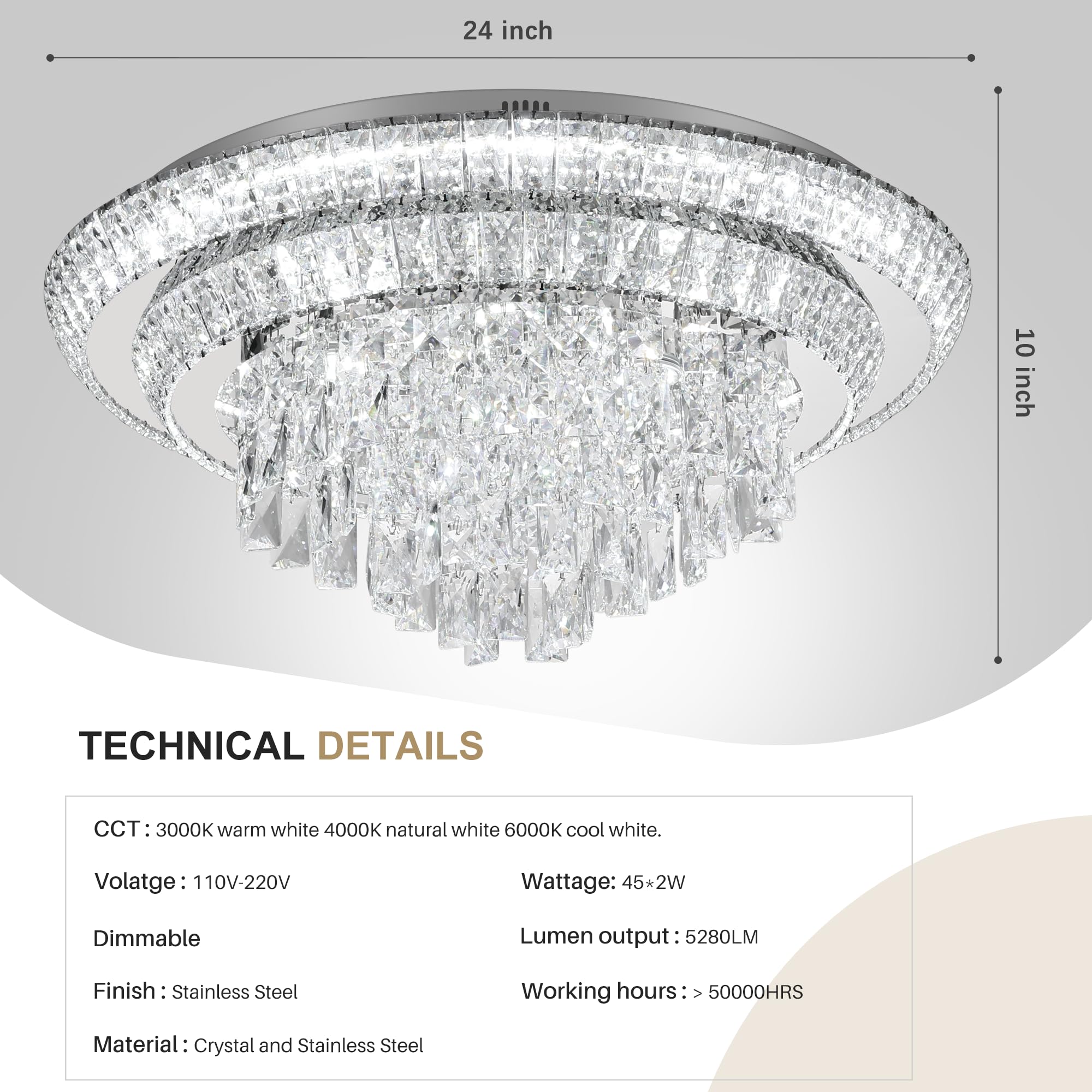 COCOSTAR 24" Silver LED Crystal Raindrop Flush Mount Chandelier Light Fixture, 3CCT Dimmable with Remote Control, Model A401-24inch