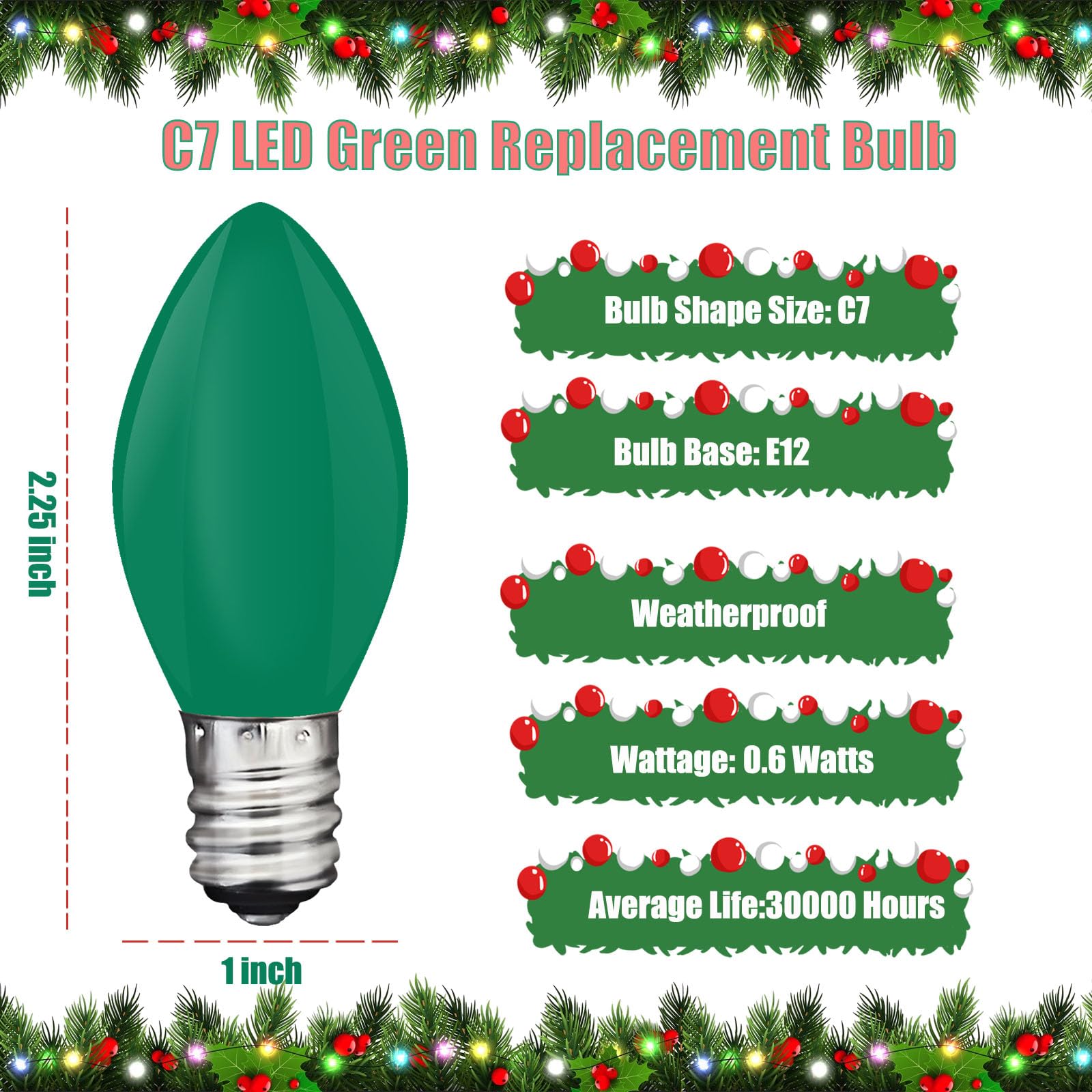 25 Pack C7 Green Led Replacement Light Bulbs, Christmas Indoor Outdoor String Lights Bulbs, Shatterproof Led Night Light Bulbs,