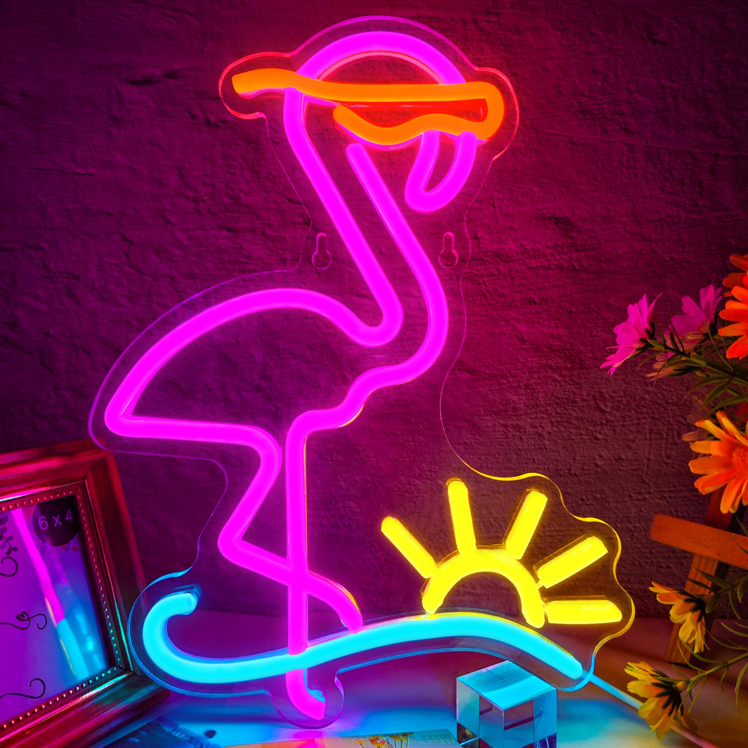 Flamingo Neon Sign Dimmable Flamingo Led Neon Lights Sun Wave Neon Signs for Bedroom Living Room Restaurant Man Cave Bar Club Pa