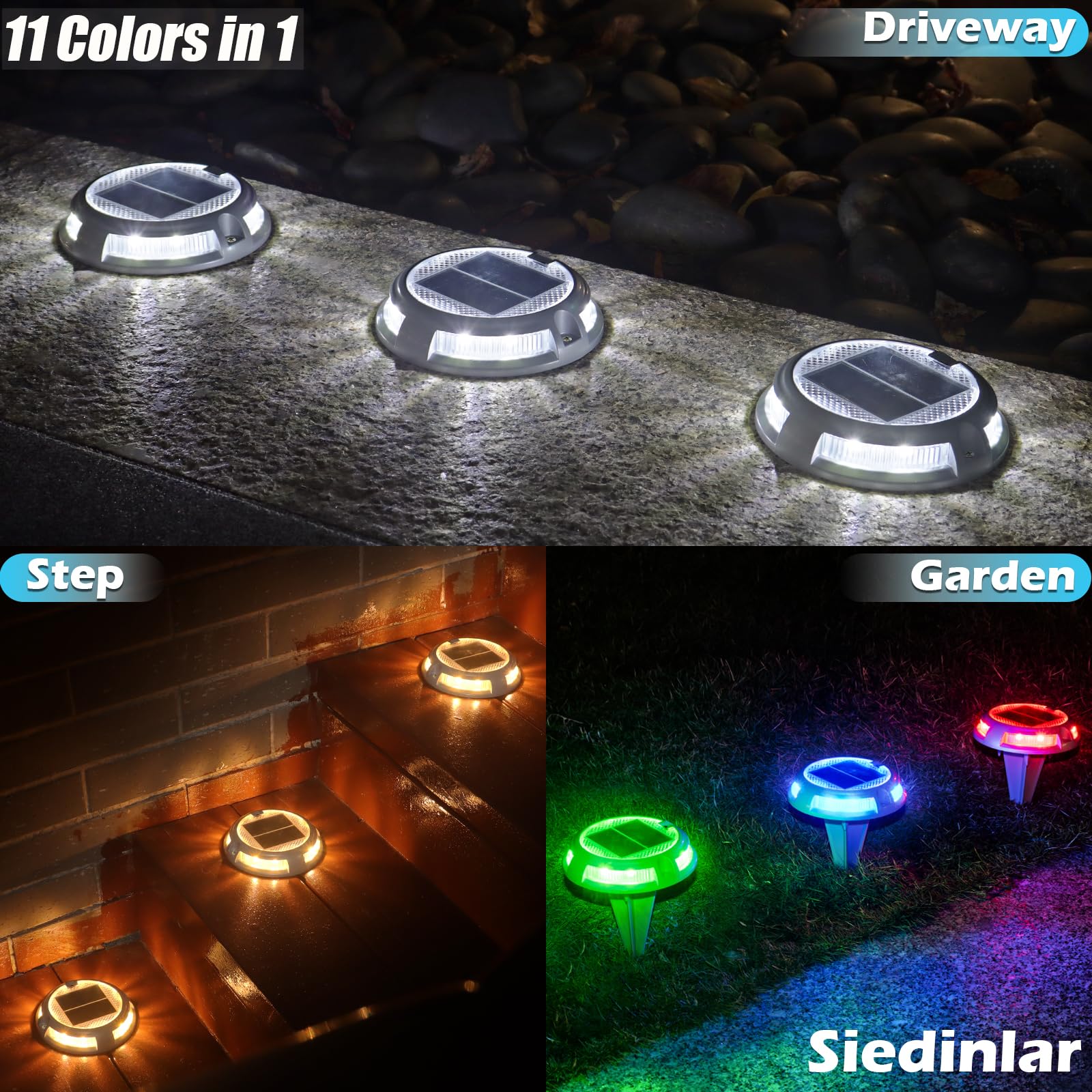SIEDiNLAR Solar Driveway Lights, 16 LEDs, Waterproof Deck Markers, 8 Pack, RGB Colors, Model SD901G-8PK