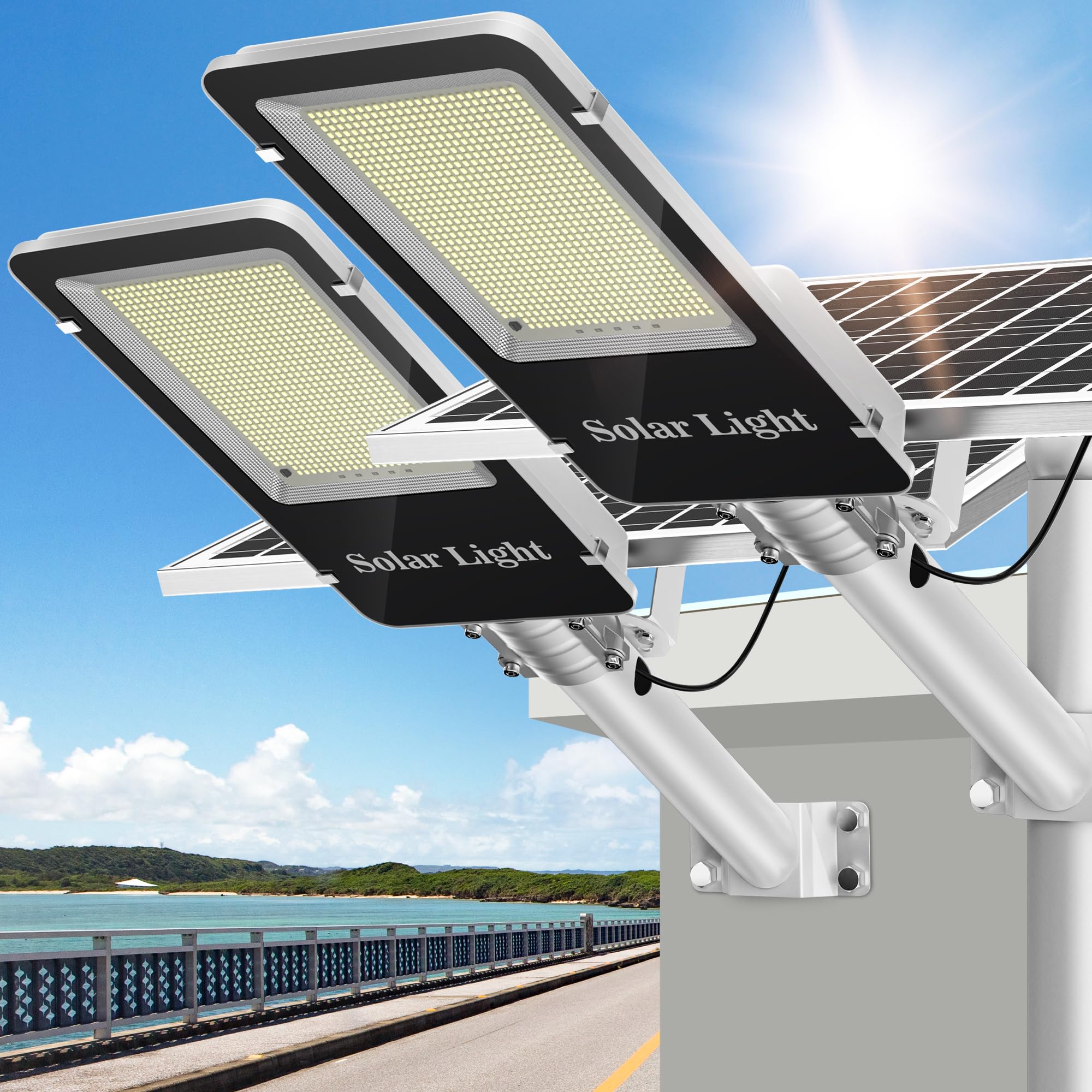 5000W Solar Street Lights Outdoor - Led 6500K Solar Lights Outdoor Dusk To Dawn, High Brightness Solar Parking Lot Lights Commercial, Ip66 Waterproof Street Lights Solar Powered For Yard (2 Pack)
