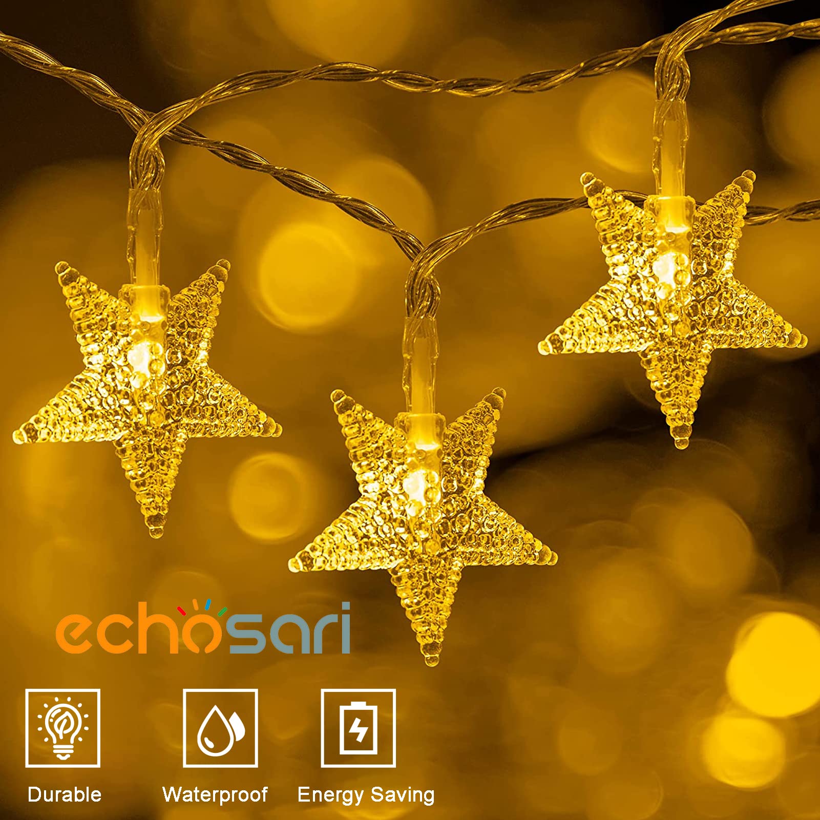 echosari Battery Powered Star Fairy String Lights, 40 LEDs, 13.2ft, Warm White, Model L0070_d, Timer for Christmas, Wedding, Party Decor