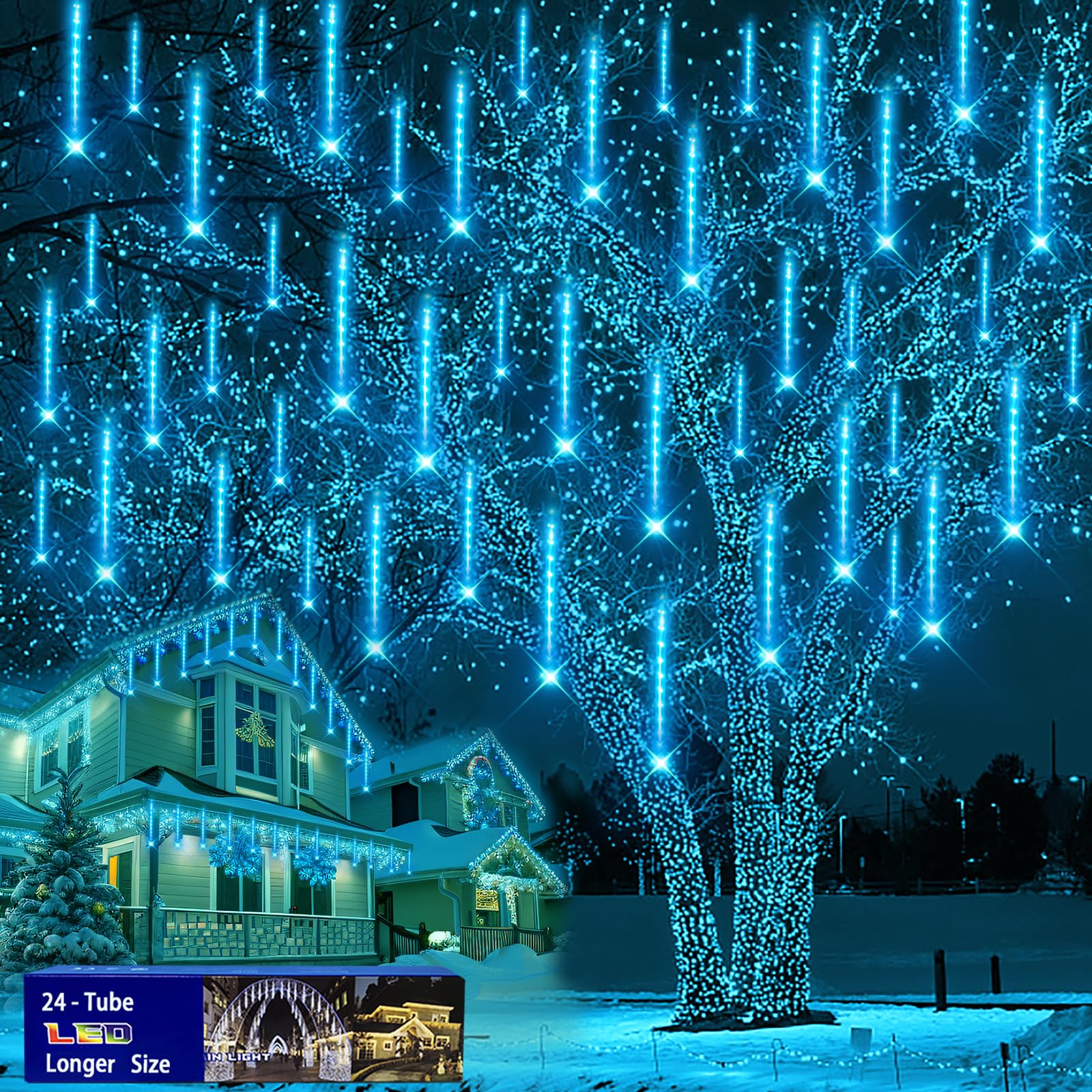 Outdoor Christmas Decorations, 24Tubes(Equivalent to 3 Sets of 8-Tubes) Purtuemy Meteor Shower Lights Ice Blue LED Icicle Christ