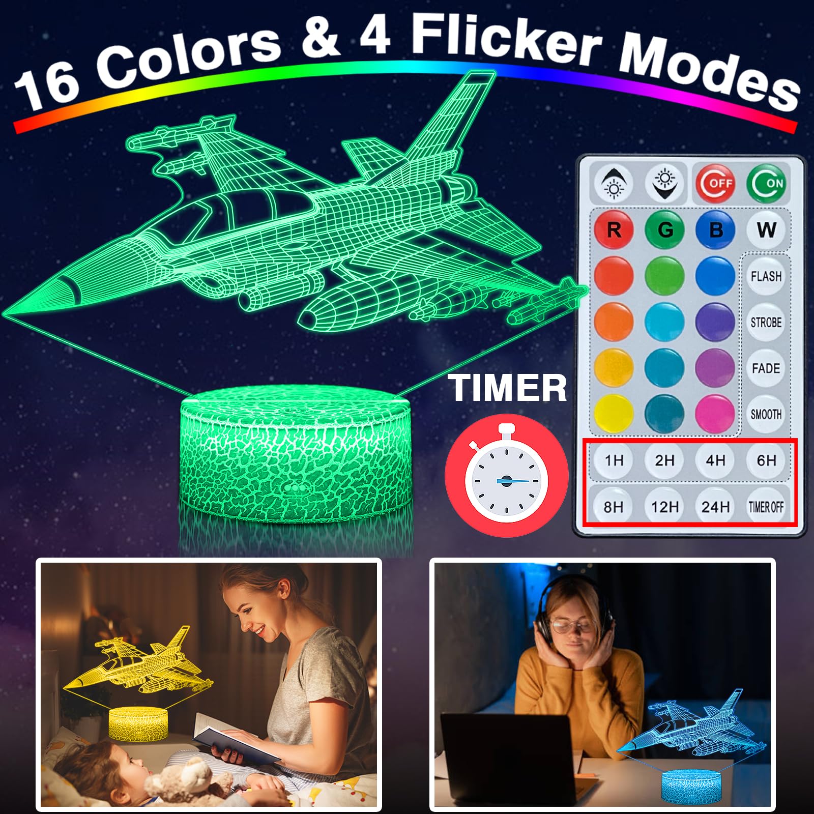 DAHEYMA Fighter Jet Night Light - 16 Colors LED, Touch & Remote Control, Dimmable, Model DHMFJET, Multicolor Room Decor