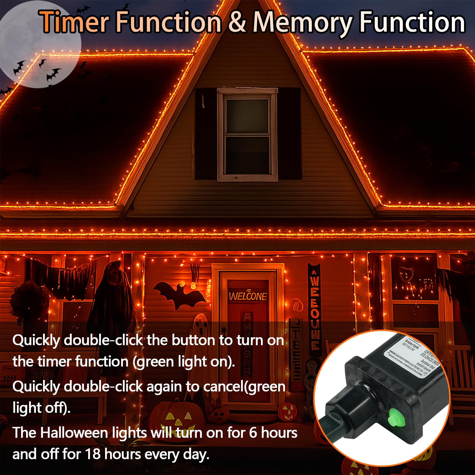 SANJICHA 200 LED Halloween String Lights, 66FT Waterproof Orange Fairy Lights, 13 Modes, Clear Wire, Model MLS-D29V6WUC-O