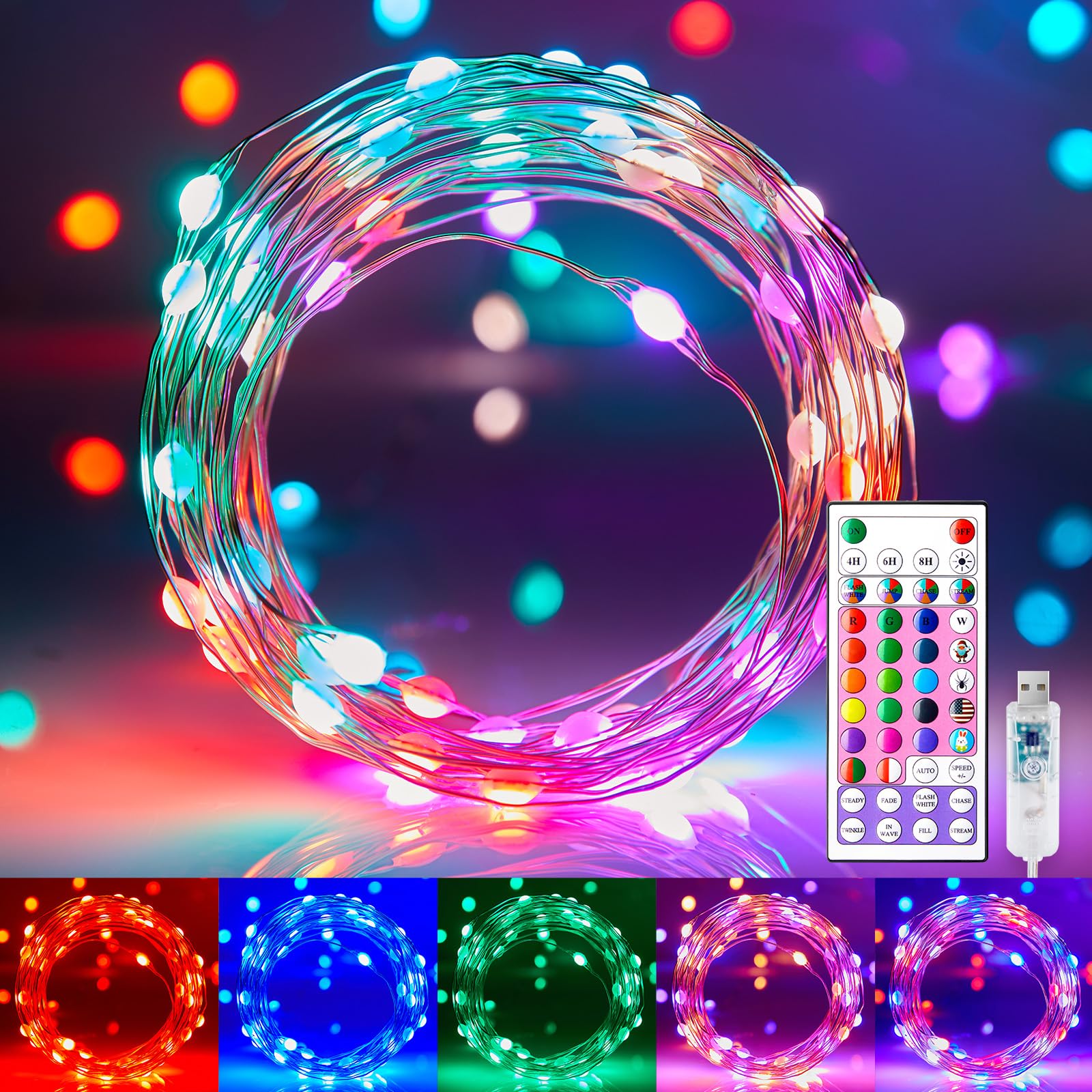 Minetom Fairy Lights - 100 LED Color Changing String Lights, 33 FT, USB Plug, 22 Colors, 12 Lighting Modes for Indoor Decoration