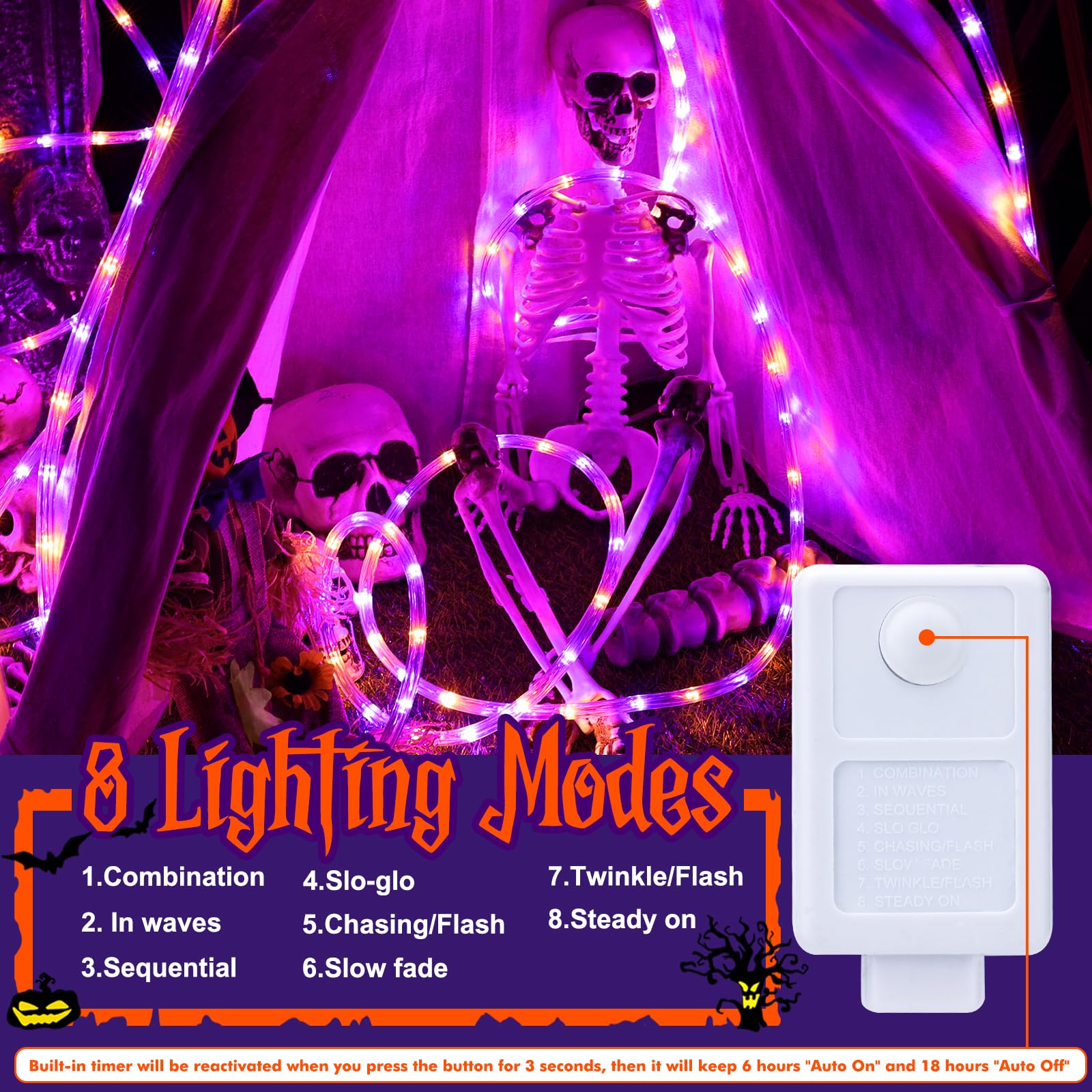 Jnaurb 100ft LED Rope Lights Outdoor, Waterproof, 720 LEDs, 8 Modes, Orange & Purple