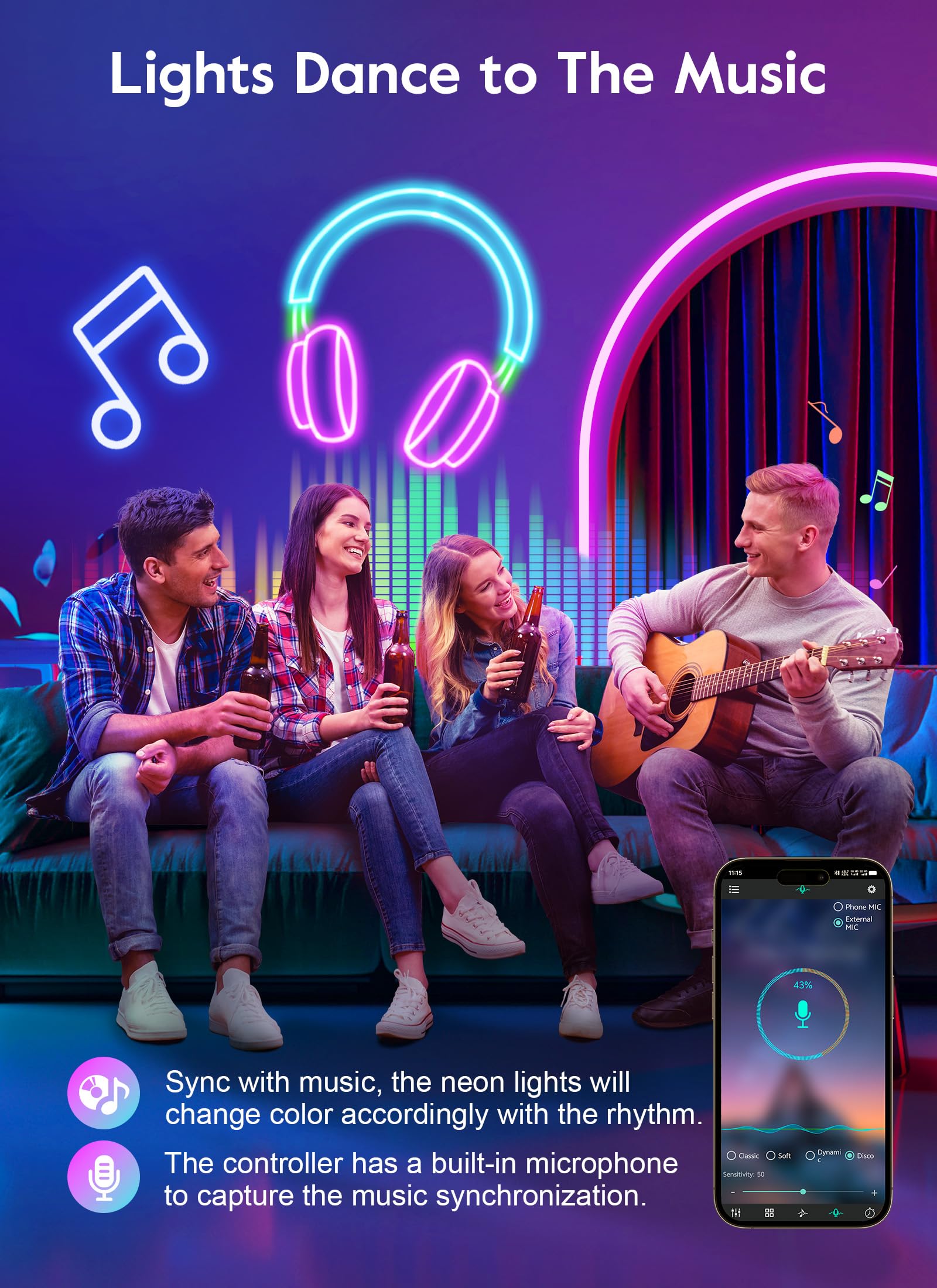 33Ft Led Neon Strip Lights, Rgb 840Led Rope Lights, Control With App/Remote, Ip68 Waterproof Flexible Outdoor Led String Lights,