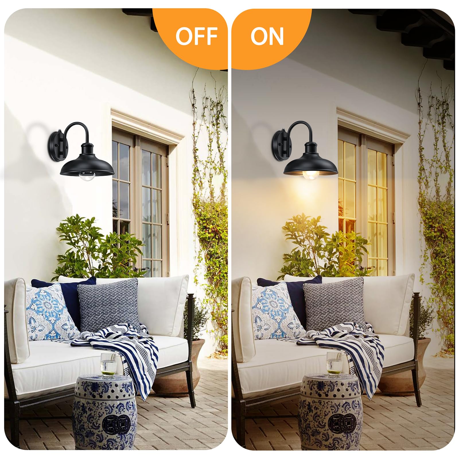 Dusk To Dawn Gooseneck Outdoor Light Fixtures, 2-Pack Farmhouse Barn Lights For Porch, Industrial Black Exterior Wall Sconce For Garage, Patio, E26 Base Anti-Rust For Garage Frontdoor Entryway Doorway