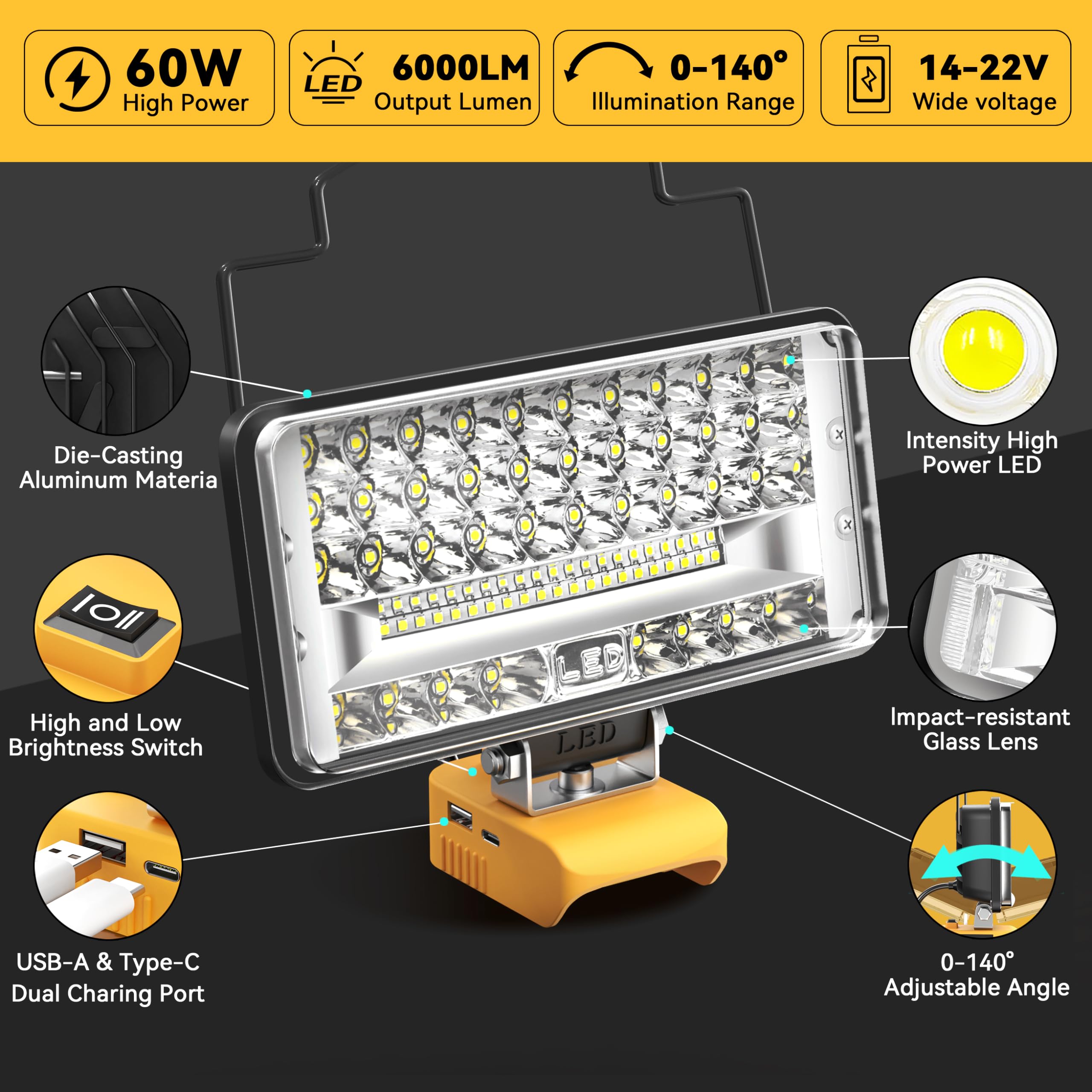 Cordless Led Work Light For Dewalt 20V Battery, 60W 6000Lumen Portable Light 20V Hand Held Tool Only With Usb & Type C Charger Port & Low Voltage Protection For Camping, Outdoor, Emergencies,Underhood
