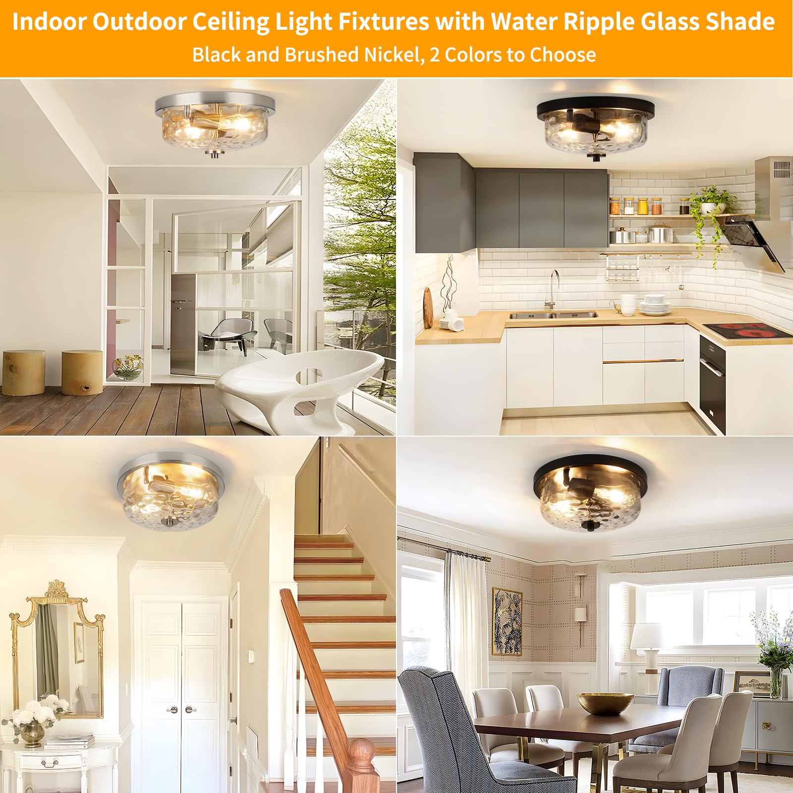 Foucasal Brushed Nickel Flush Mount Light, Kitchen Ceiling Fixture With Water Ripple Glass Shade, 2-Light Outdoor Porch Flush Mo