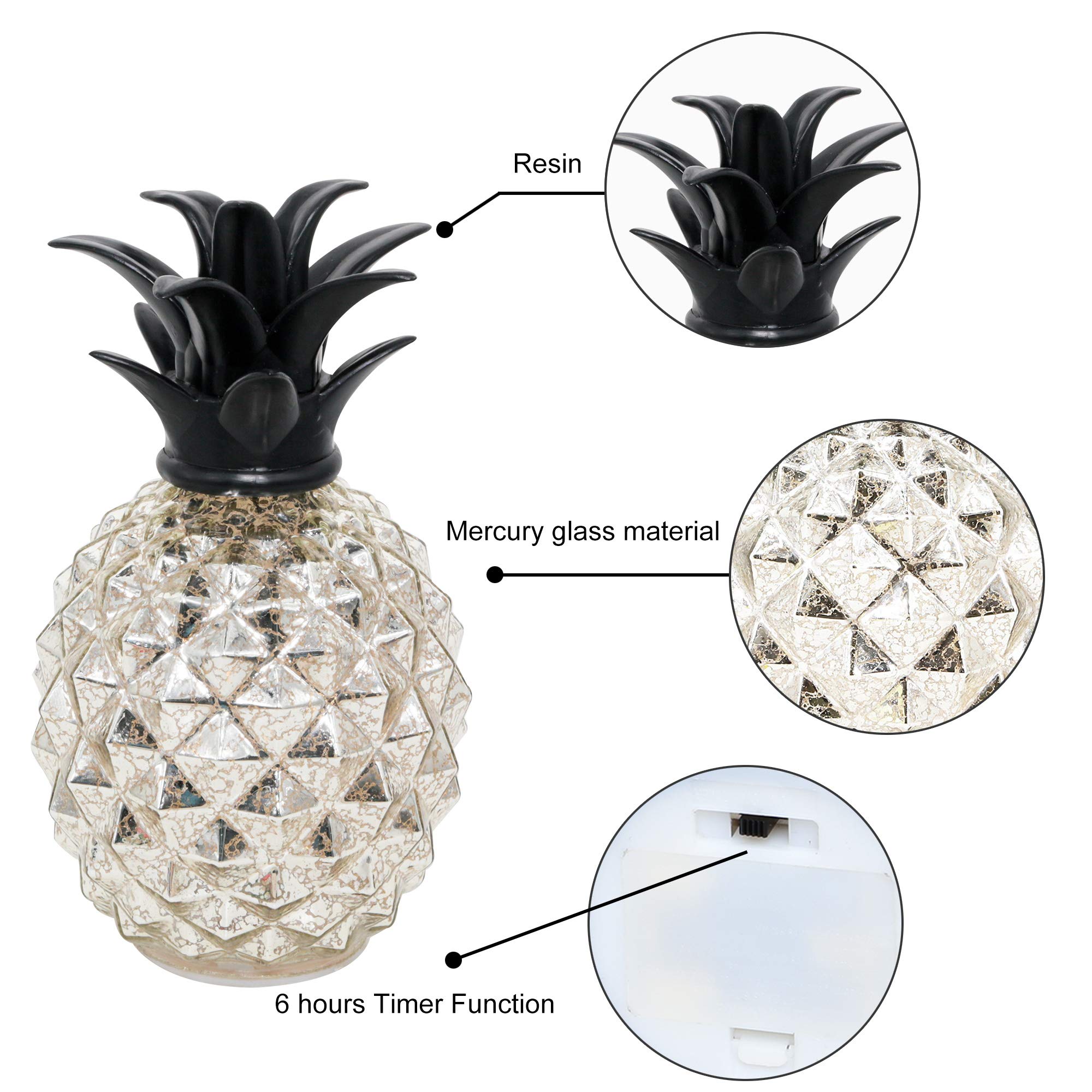 Romingo Pineapple Lamp, 9 Inch Silver Mercury Glass, Battery Operated Night Light with Timer, Model BL17008C