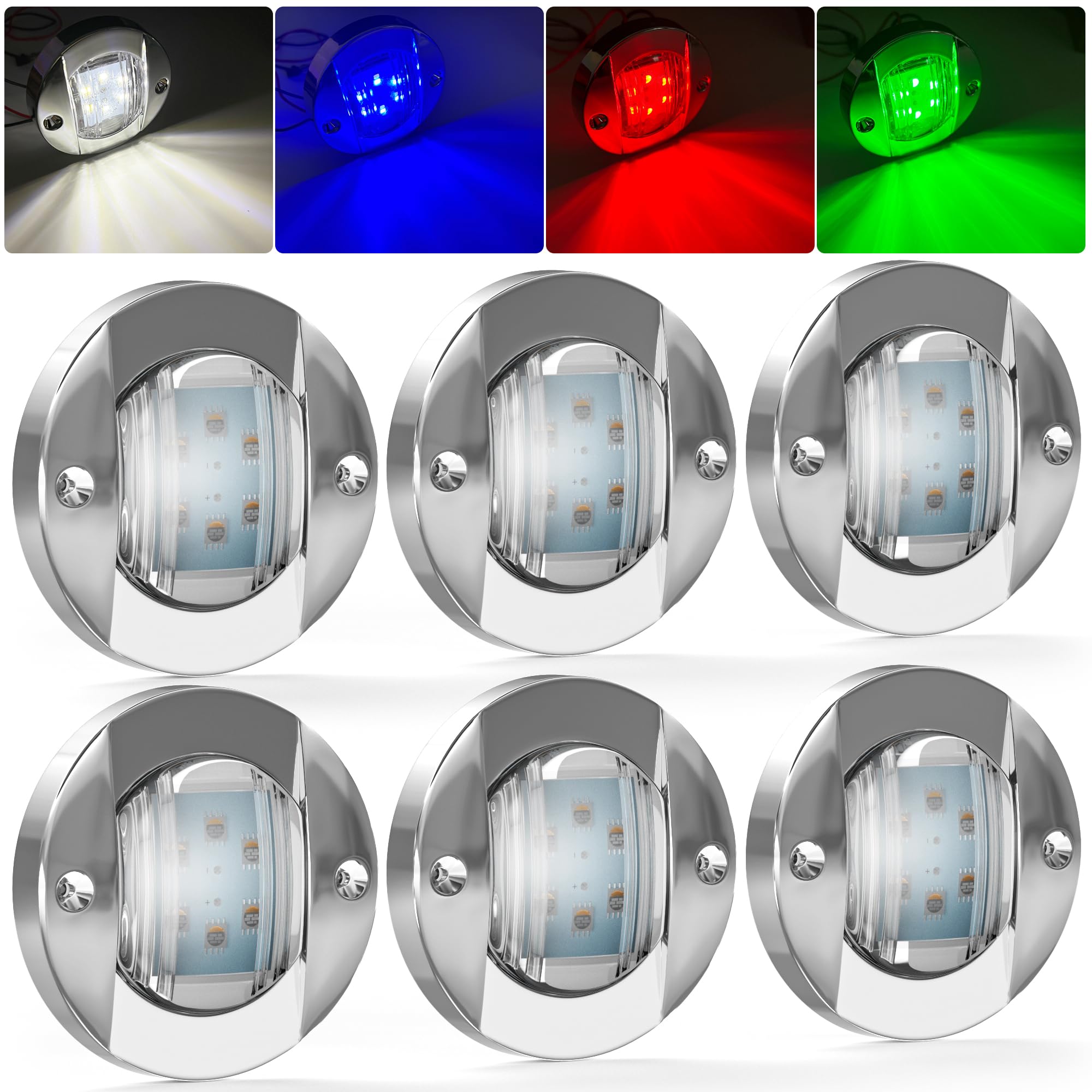 PSEQT 6Pcs 6LED RGBW Boat Courtesy Lights  4-color 3 Round Waterproof Marine Interior Deck Transom Stern Navigation Lights for Pontoon Fishing Boat Bass Sailboat Kayak Yacht