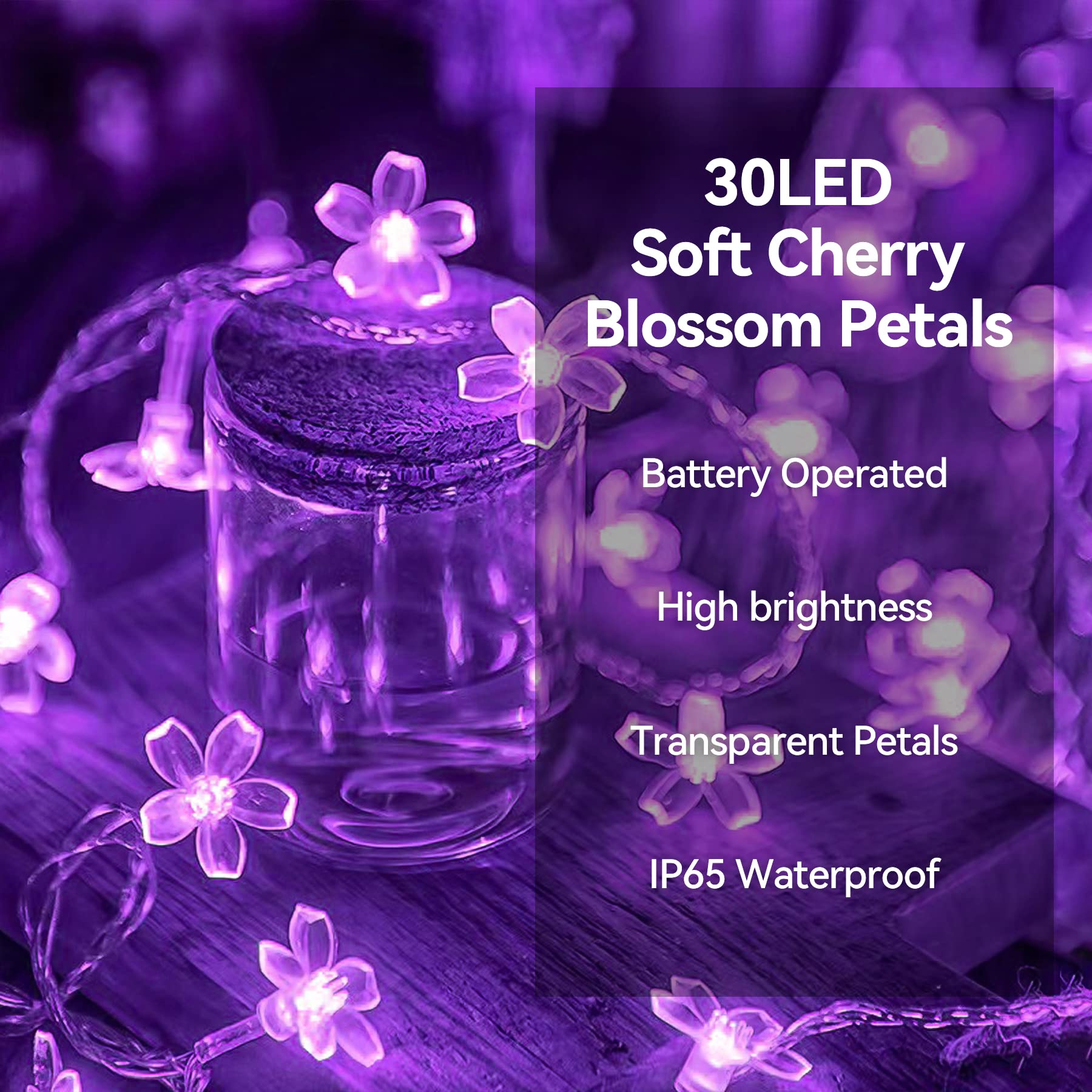 Flower Battery Operated String Lights Cherry Blossom Christmas Fairy Lights 30Led Indoor Outdoor Waterproof Decoration For Halloween Camping,Garden Fence,Birthday,Wedding Party,Bedroom,Gfit (Purple)
