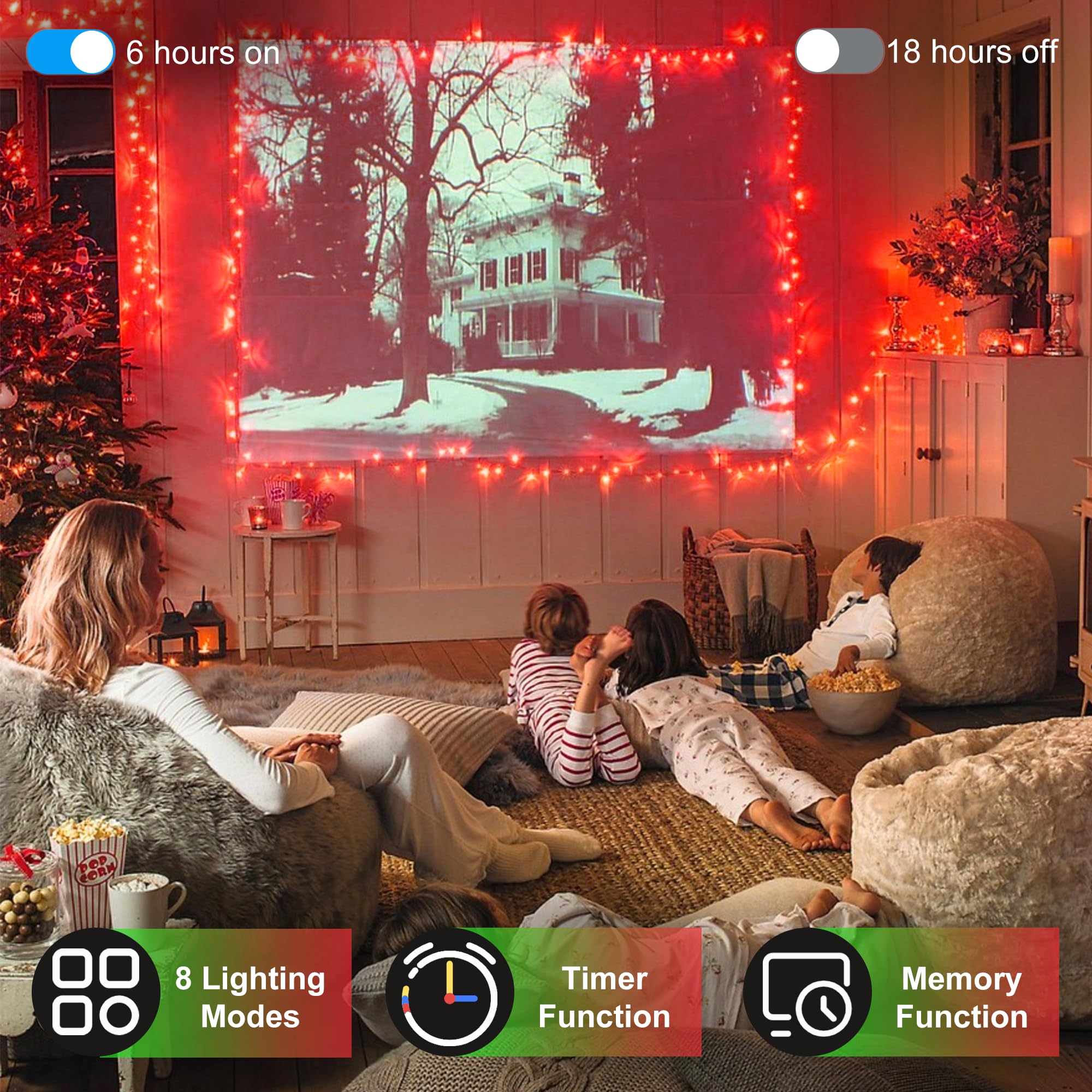HRANBOTY LED String Lights, 200FT 600 LED, 8 Modes & Timer, Red, Indoor Outdoor Fairy Lights for Home, Tree, Yard, Wedding Decor