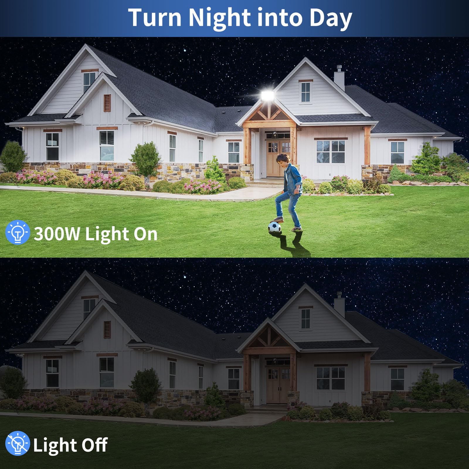 ISUERFY 300W LED Flood Light, 36000LM, IP66 Waterproof, 5000K Daylight White, Outdoor Plug-in, 2 Pack, Black/Clear