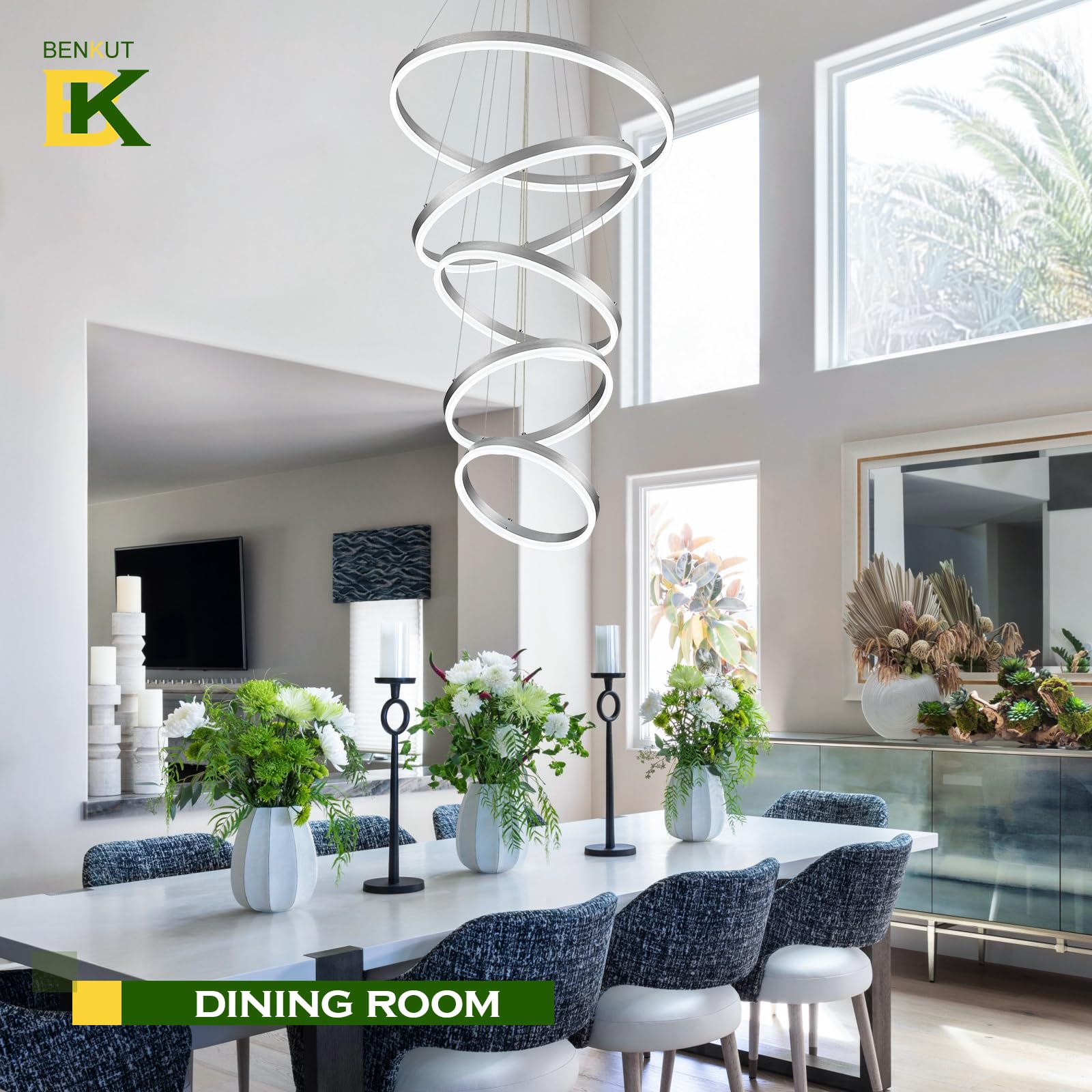 Benkut 5-Rings Modern Led Chandelier Silver High Ceiling Chandelier With Remote Control Dimmable Contemporary Chandeliers For Dining Room Foyer Living Room Entryway Staircase(3000K-6500K, D23.6’’)
