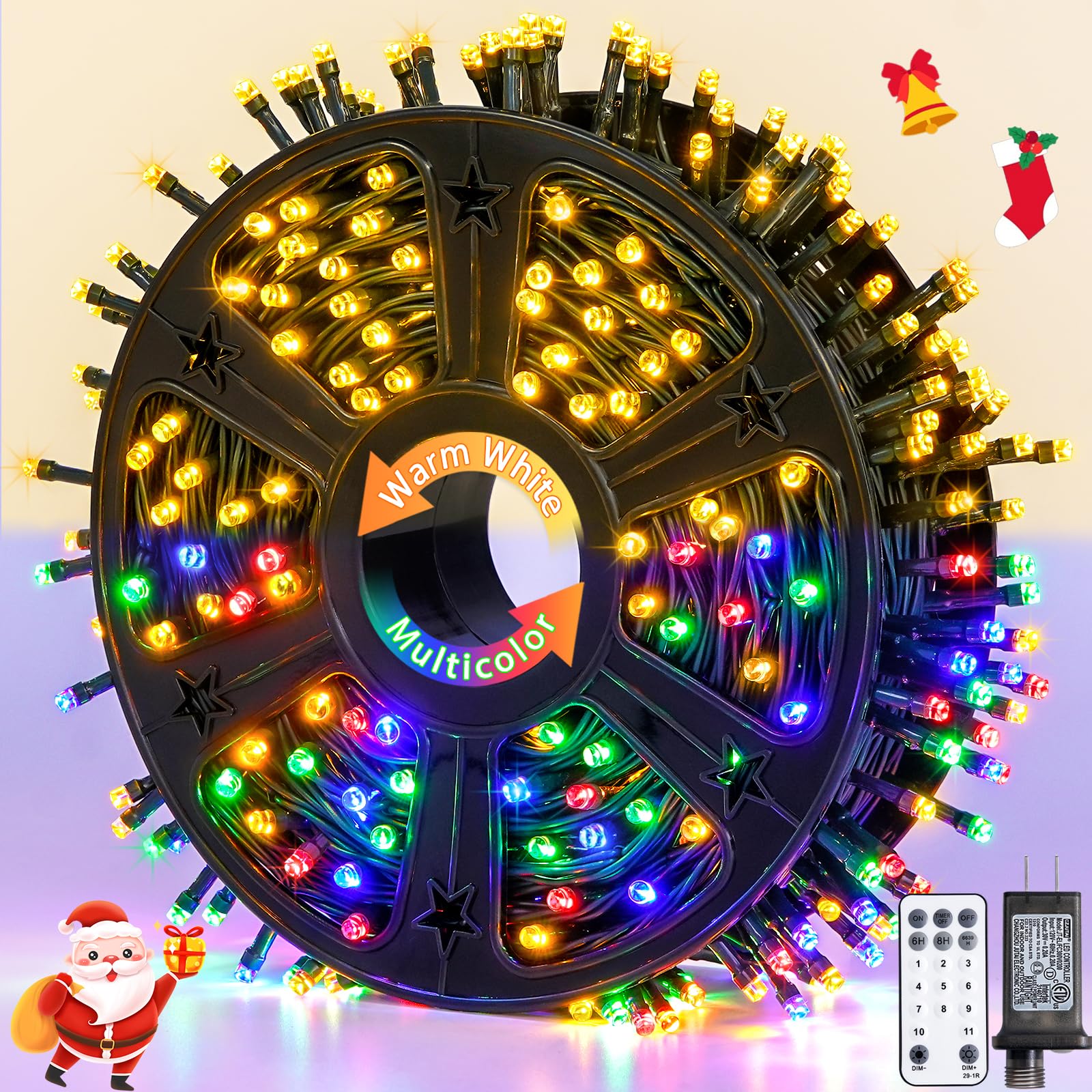JMEXSUSS 500 LED Color Changing Christmas Lights, 173ft, 11 Modes, Warm White & Multicolor, Waterproof, Model EXS-S-0500-R