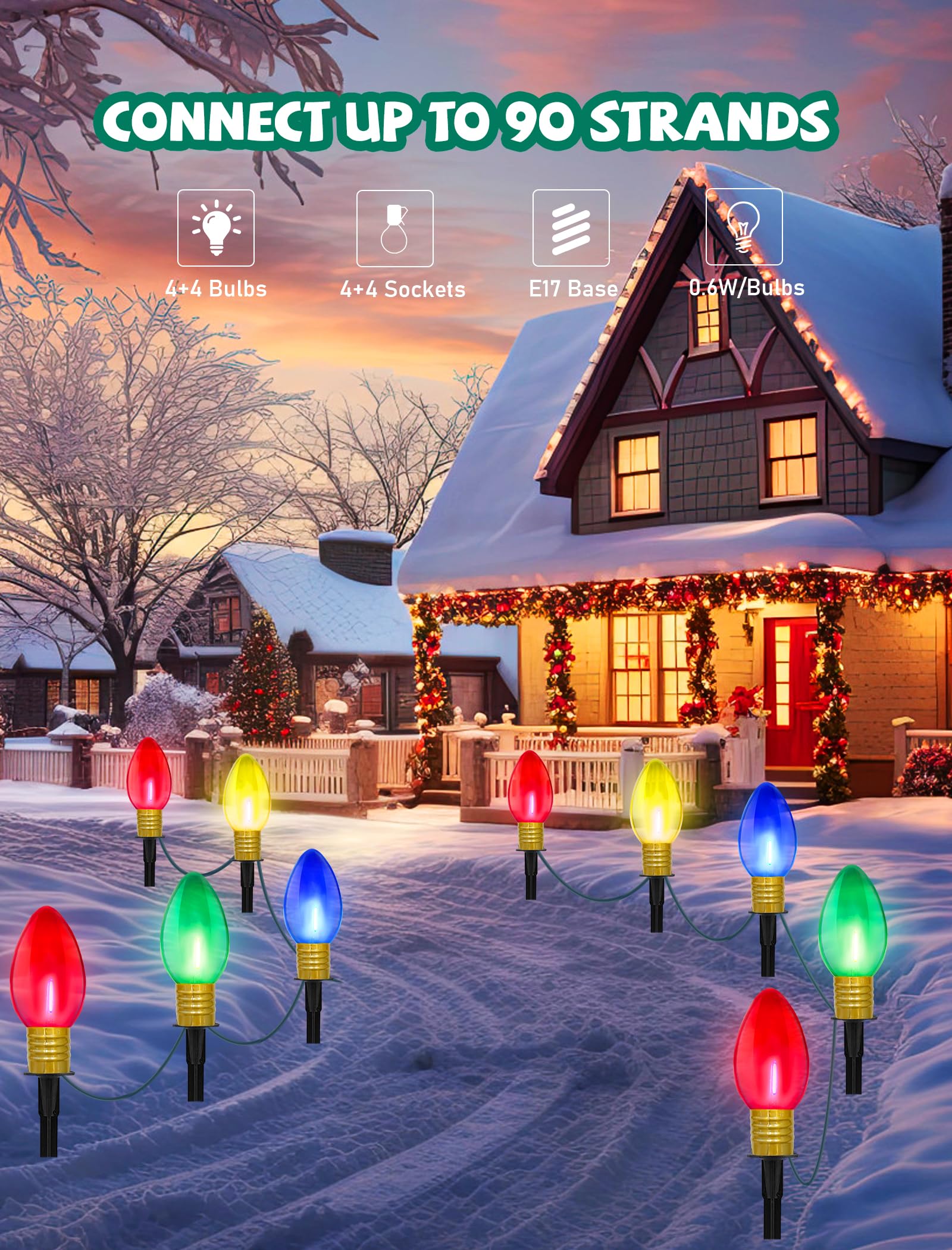 GOOTHY Jumbo C9 Christmas Pathway Lights, 14FT Outdoor Decorations, 2Pk with 8 LED Clear Multicolor Bulbs, Ideal for Lawn and Sidewalk