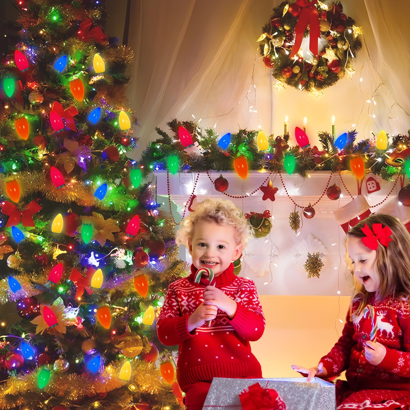 Led Christmas Lights Battery Operated Lights With Remote, 27 Ft C9 String Lights, 8 Mode Twinkle C9 Vintage Christmas Lights Wit