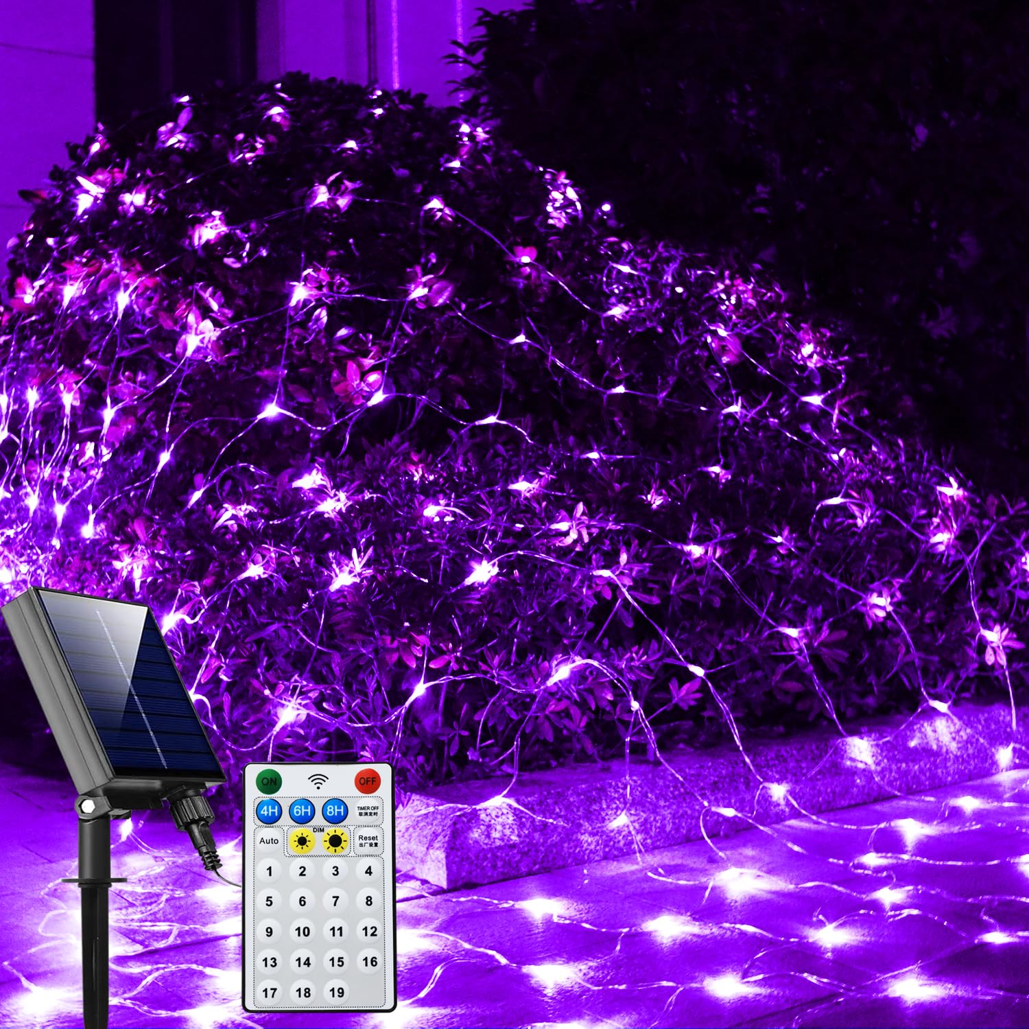 Curyidy Solar Net Halloween Lights Purple,200 LED Net Lights Outdoor Mesh Lights, 19 Modes Solar Powered/USB Remote Control Stri