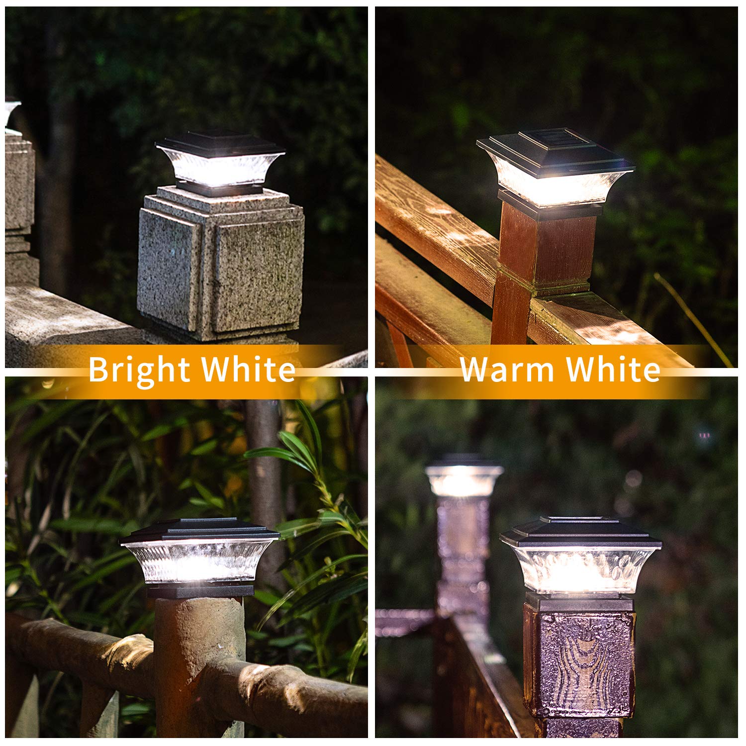 Huyieno Solar Post Cap Lights - 12Pk Led Outdoor Lighting, Warm White/Bright White, Black, Fits 4X4 Wooden Posts, Durable Plastic