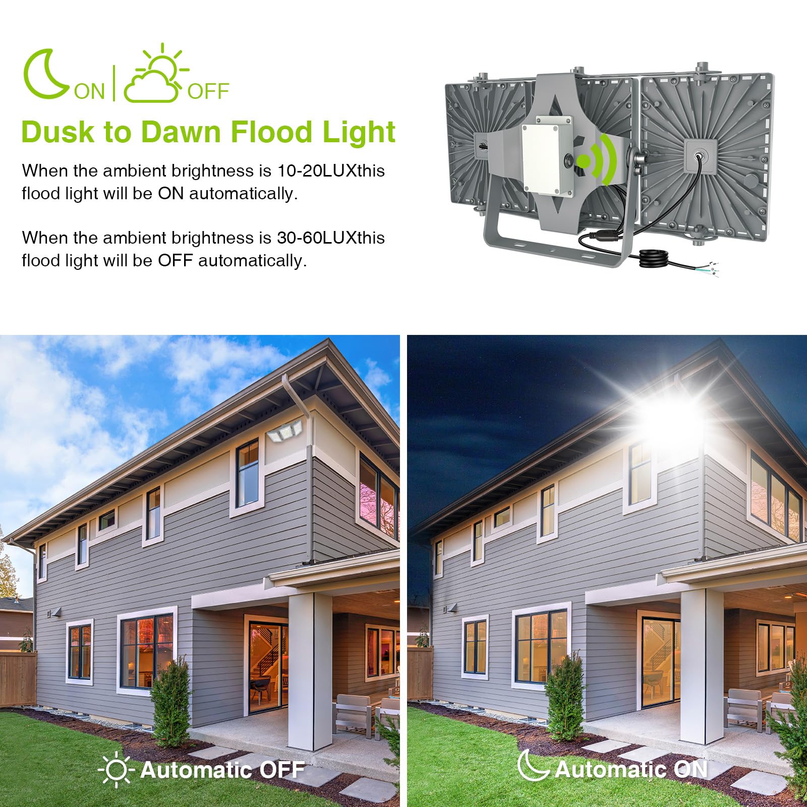 STASUN 300W LED Flood Light, 30000LM, 6000K, IP66 Waterproof, Gray, Model 20168, with Photocell Sensor for Outdoor Use