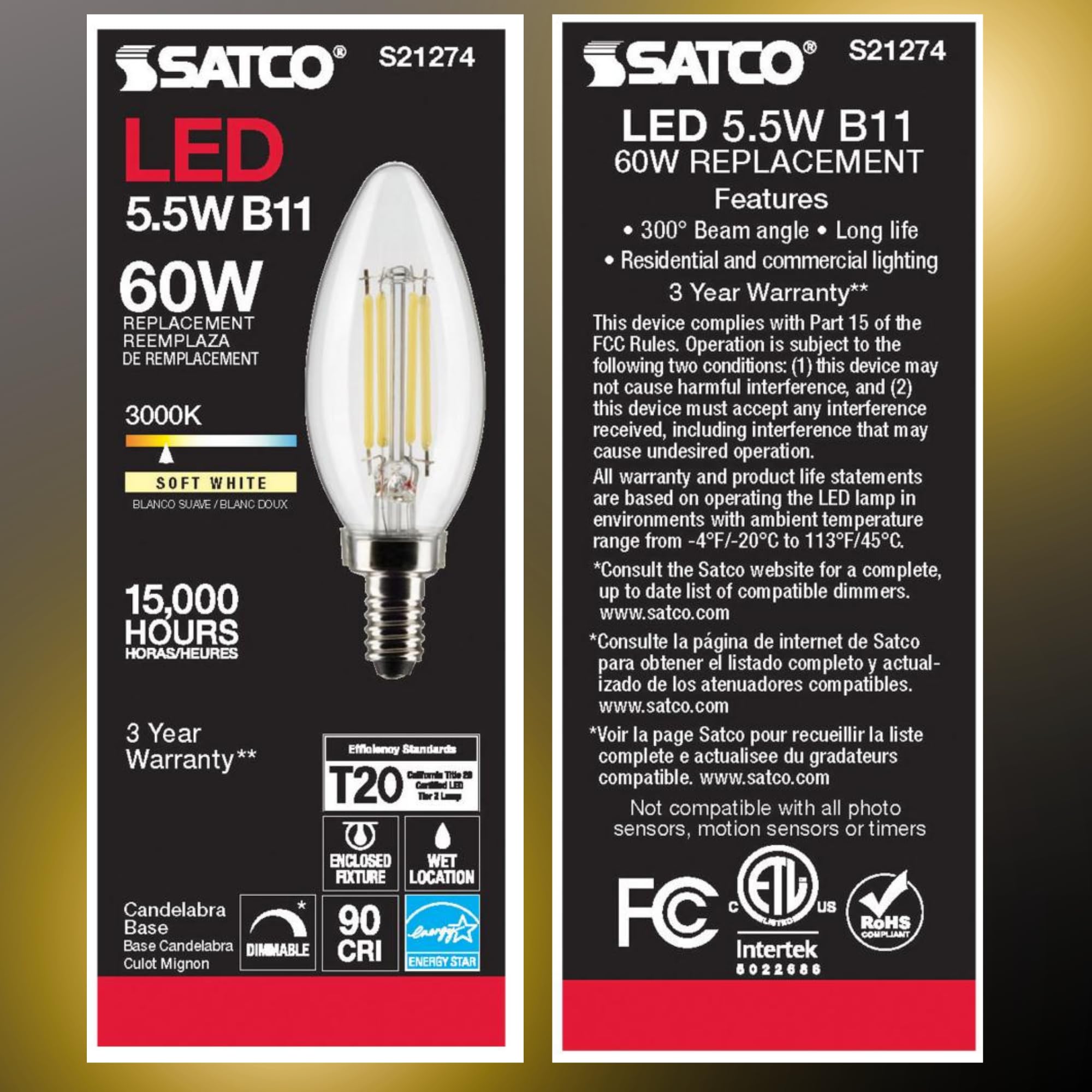 Satco B11 LED Bulb, 5.5 Watt, Warm 3000K, Pack of 2, Glass