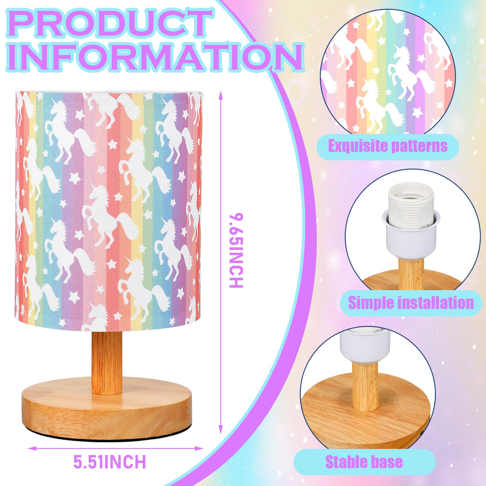 Vihose Rainbow Unicorn Table Lamp For Bedroom Kids Bedside Lamp With Linen Wooden Nightstand Lamp Cartoon Nursery Lamp Lampshade