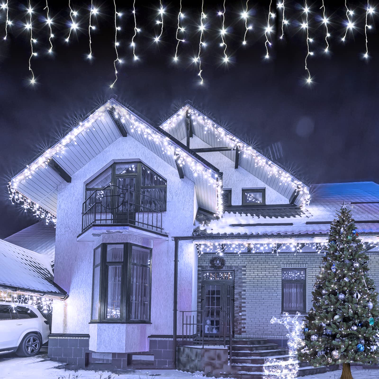 USOKYO Icicle Christmas Lights Outdoor 480 LED 39FT String Lights Cool White 8 Modes with Timer Model DC01