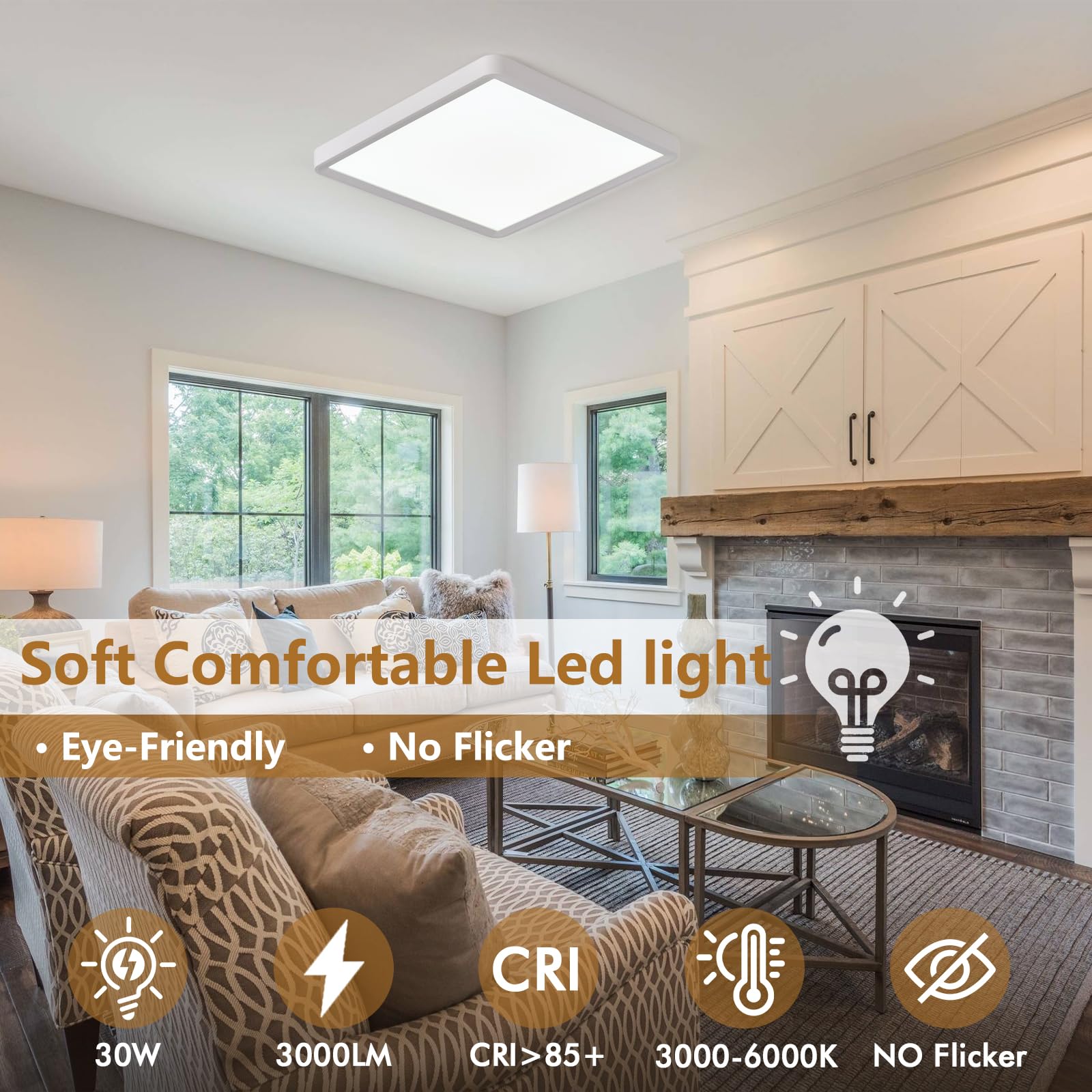 12 Inch 6Pk Square Led Flush Mount Ceiling Light, 30W, 3000Lm Square Led Ceiling Light 3000K/4000K/6000K Cct Selectable, Led Fla