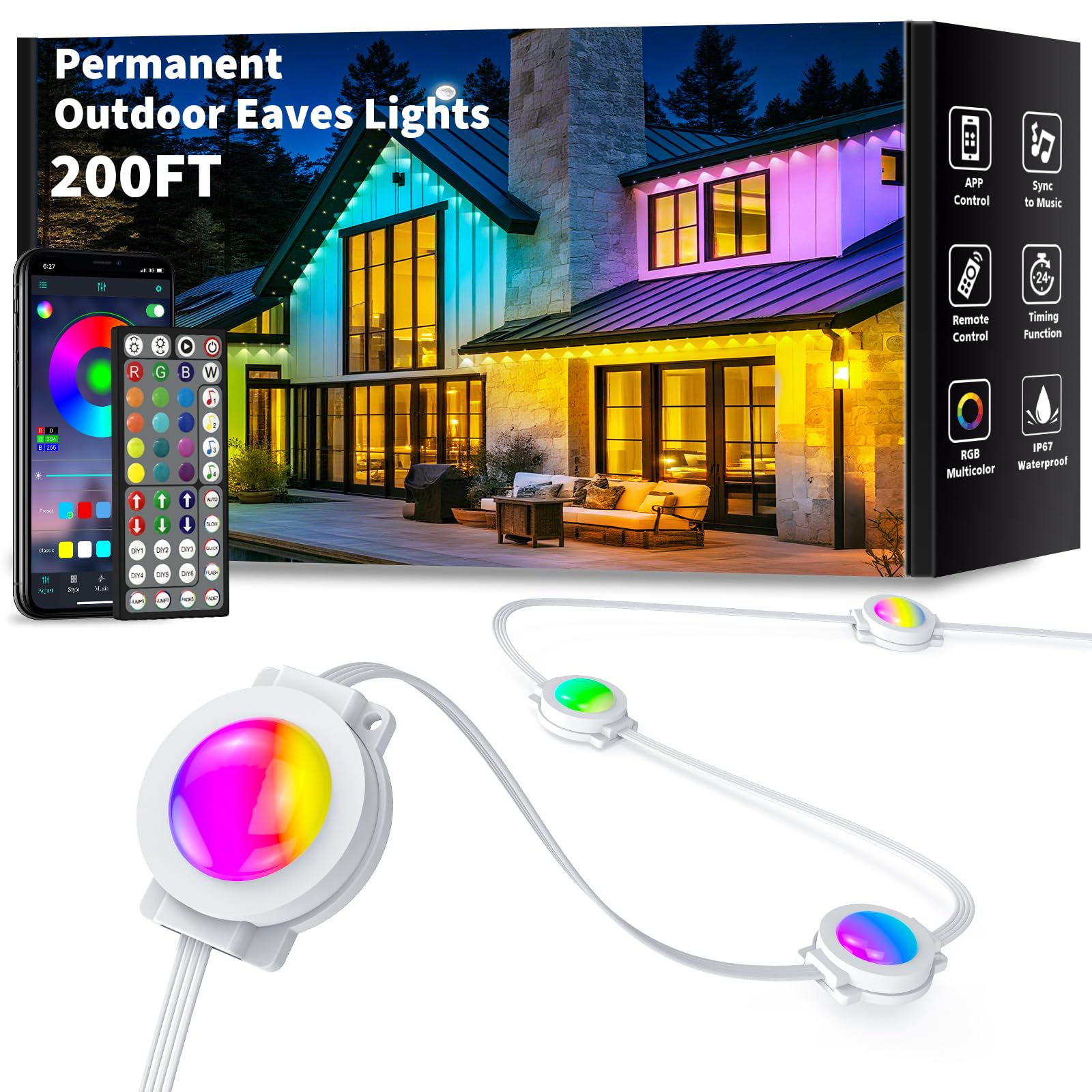 YIBULAYIN 200FT RGB Outdoor Lights, Waterproof, App/Remote Control, Multicolor, Model X50