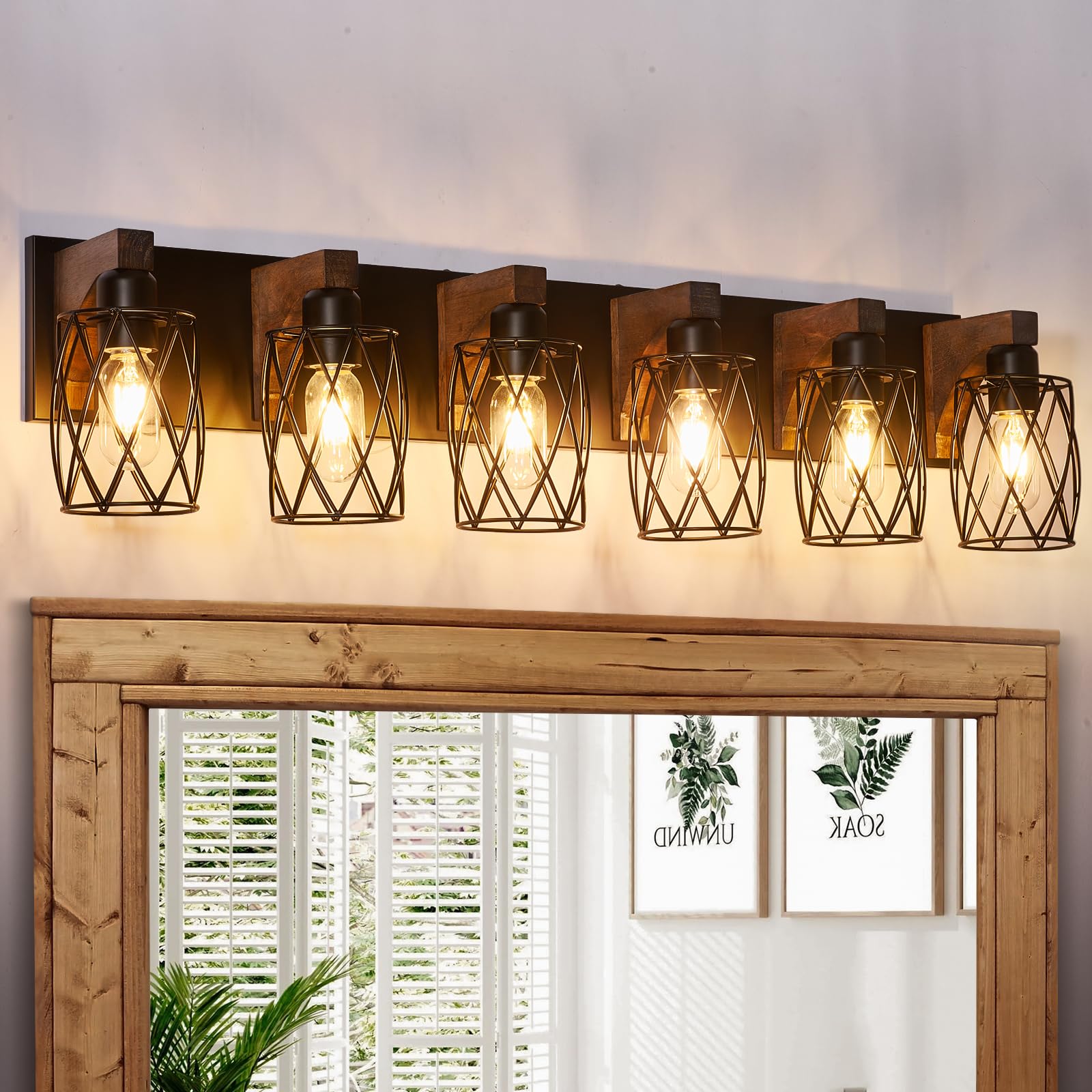 RVONOW 6-Light Bathroom Light Fixture, Black Metal Cage Shade, Vintage Rustic Design, Model B219-6