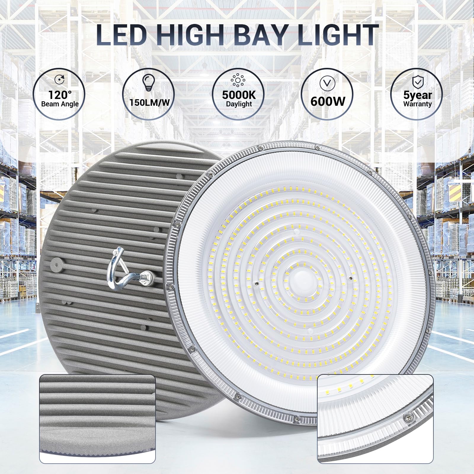 Xycn 2 Pack 600W Ufo Led High Bay Light 120Vac 5000K Daylight Commercial Bay Lighting Ip66 Waterproof 85050Lm 2550W Mh/Hps With Plug Area Lighting For Warehouse/Shop/Workshop/Barn/Gym/Factory