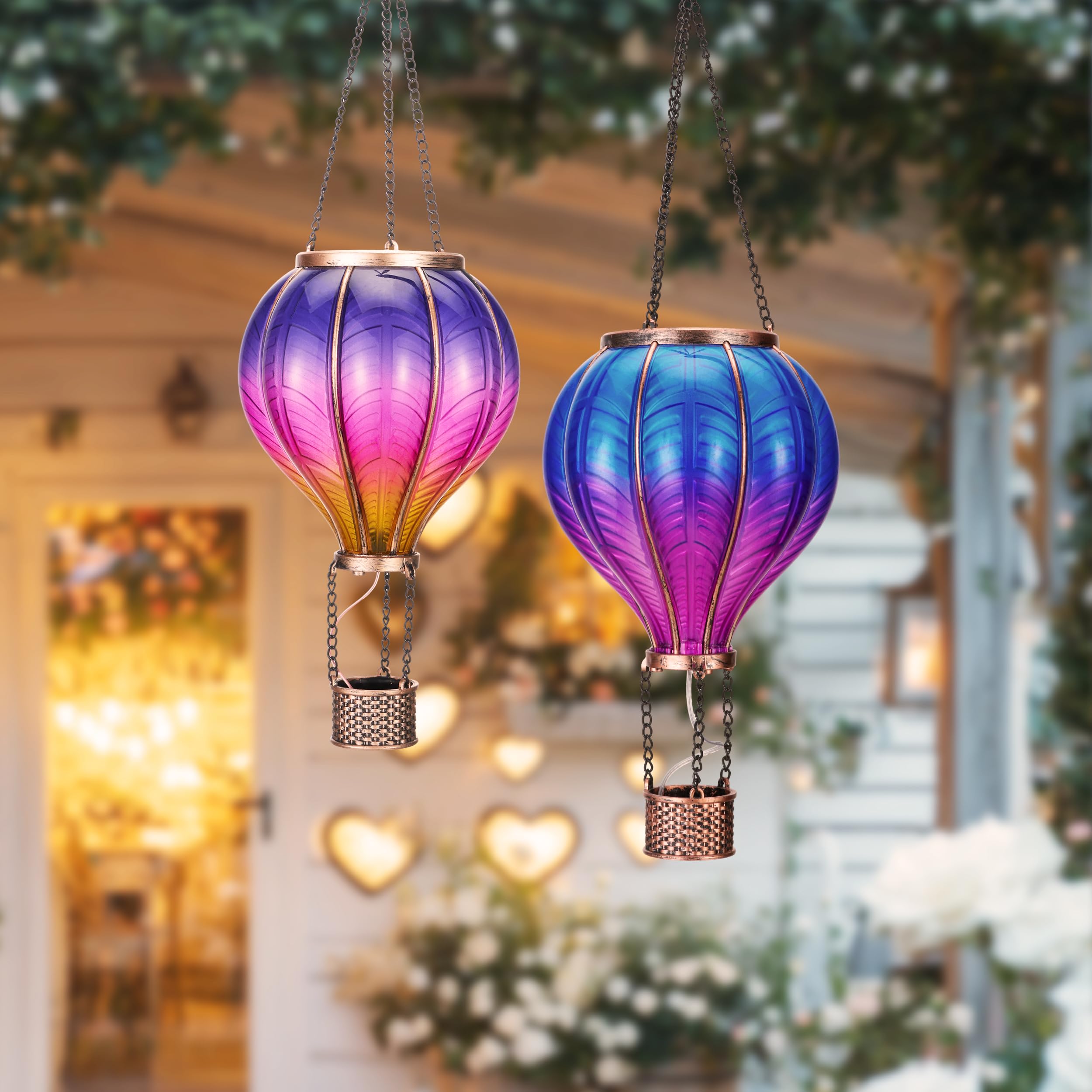 Teresa'S Collections 2 Pack Hanging Solar Lantern Outdoor Garden Decor For Valentine ,Waterproof Plastic Hot Air Balloon Purple