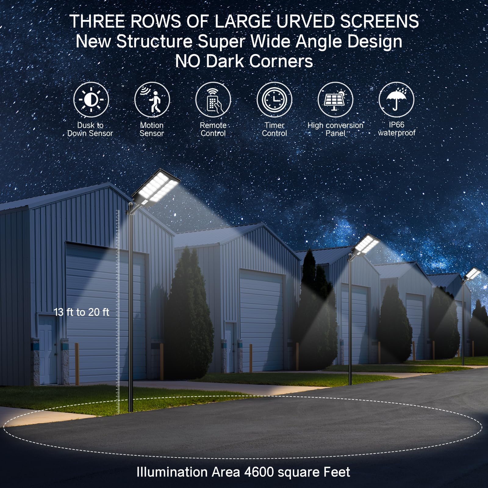 JOYEYE Solar Street Light 6800W - High Lumens 7000K Motion Sensor, 2 Pack, Black