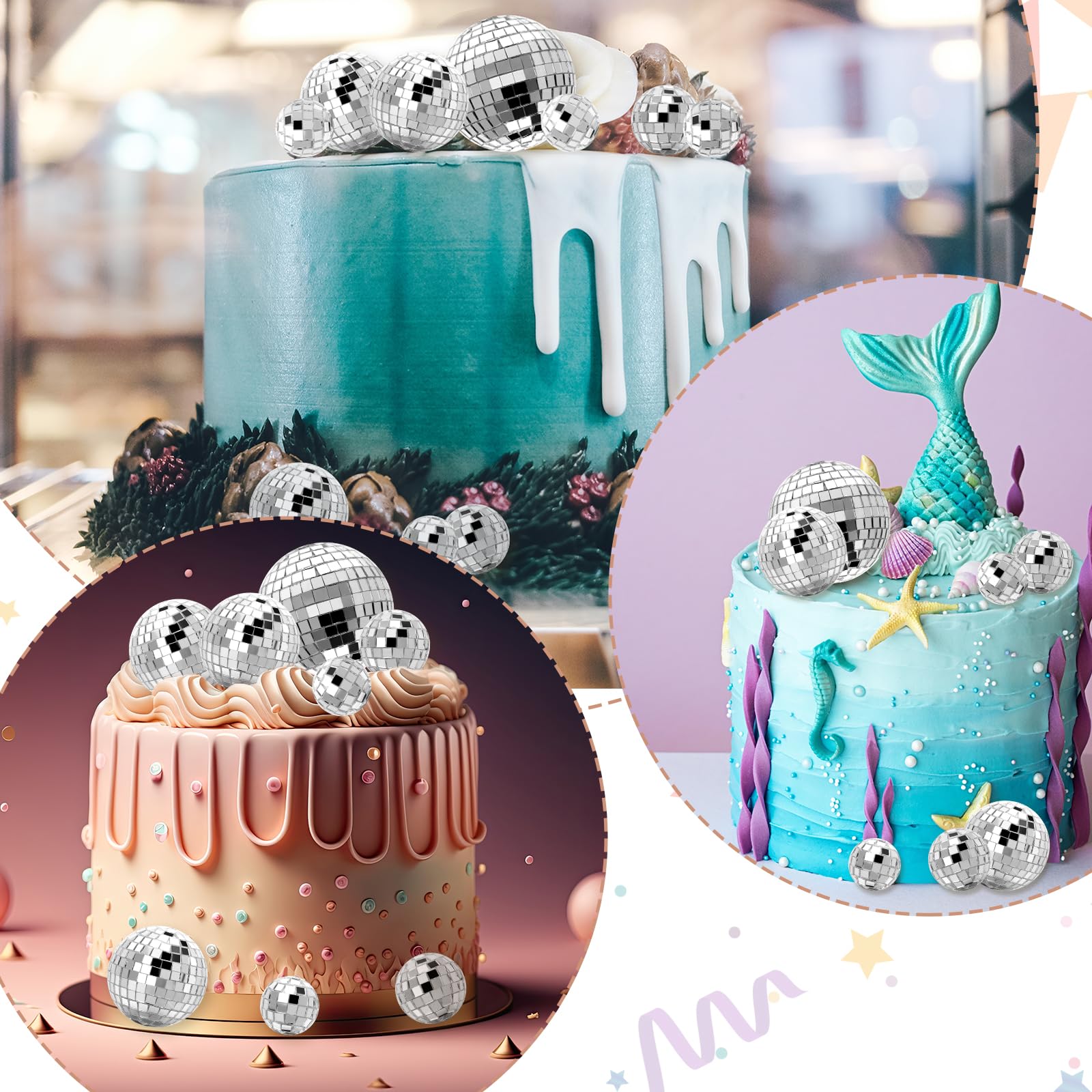 Geetery 70 Pcs Disco Ball Cake Topper Various Sizes Disco Ball Cake Decorations Reflective Mirror Disco Ball Decor Silver Disco