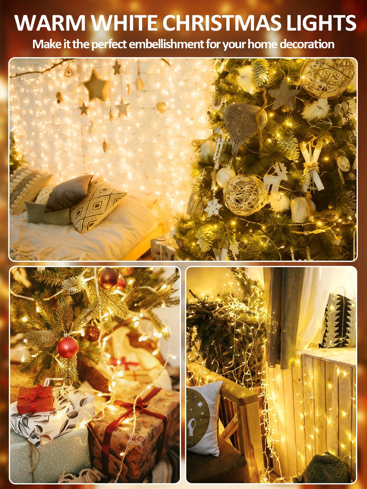 Voice Control Smart Christmas Lights Indoor Outdoor  Clear Wire 66Ft 200 Led String Lights Waterproof  12 Modes Twinkle Fairy String Light For Xmas Tree Wedding Party Bedroom Decorations (Warm White)