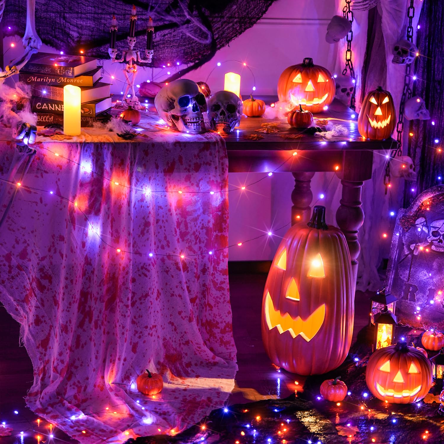 JMEXSUSS 8 Pack 50 LED Fairy Lights, Battery Operated Twinkle Lights, 16.1ft, Copper Wire, Orange & Purple