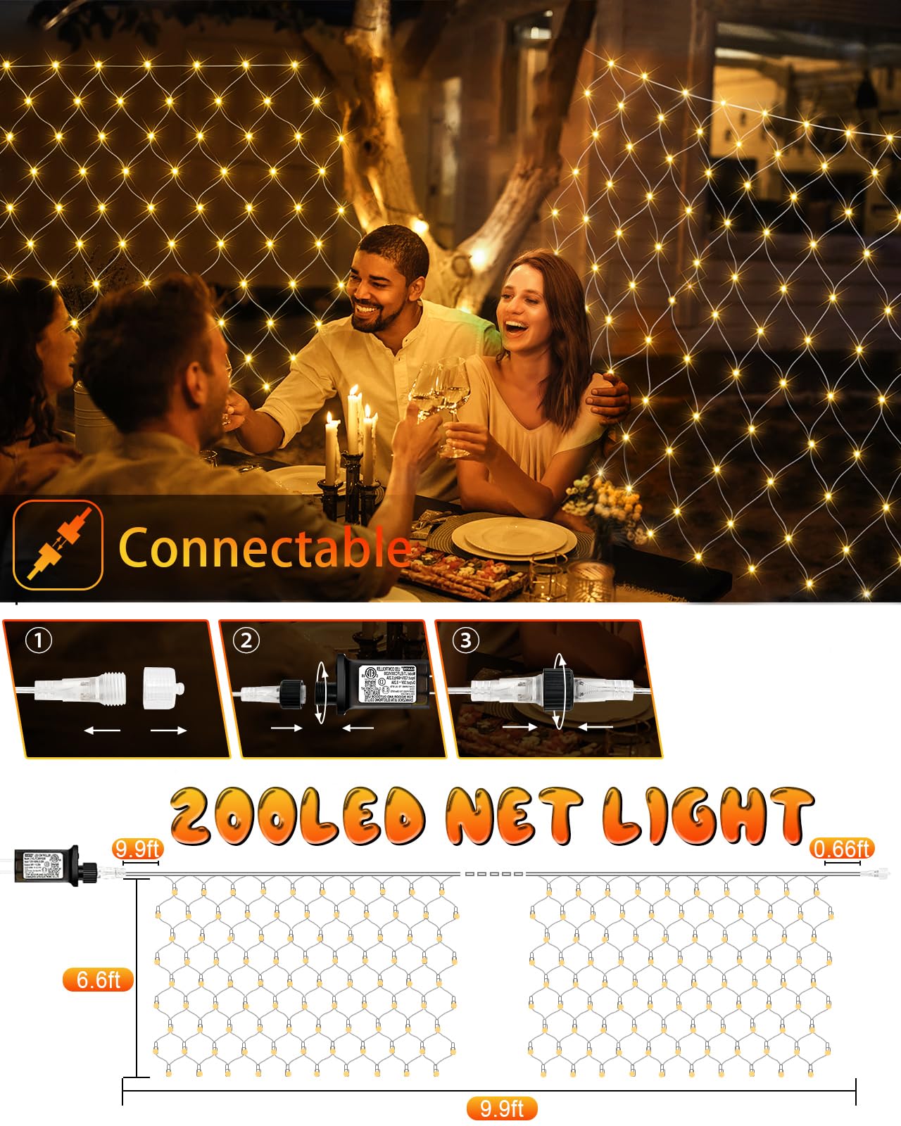 9.8Ft X 6.6Ft Christmas Net Lights - 200 Led Outdoor Bush Mesh Lights With 8 Modes, Timer, Waterproof For Home Garden Wedding Xm