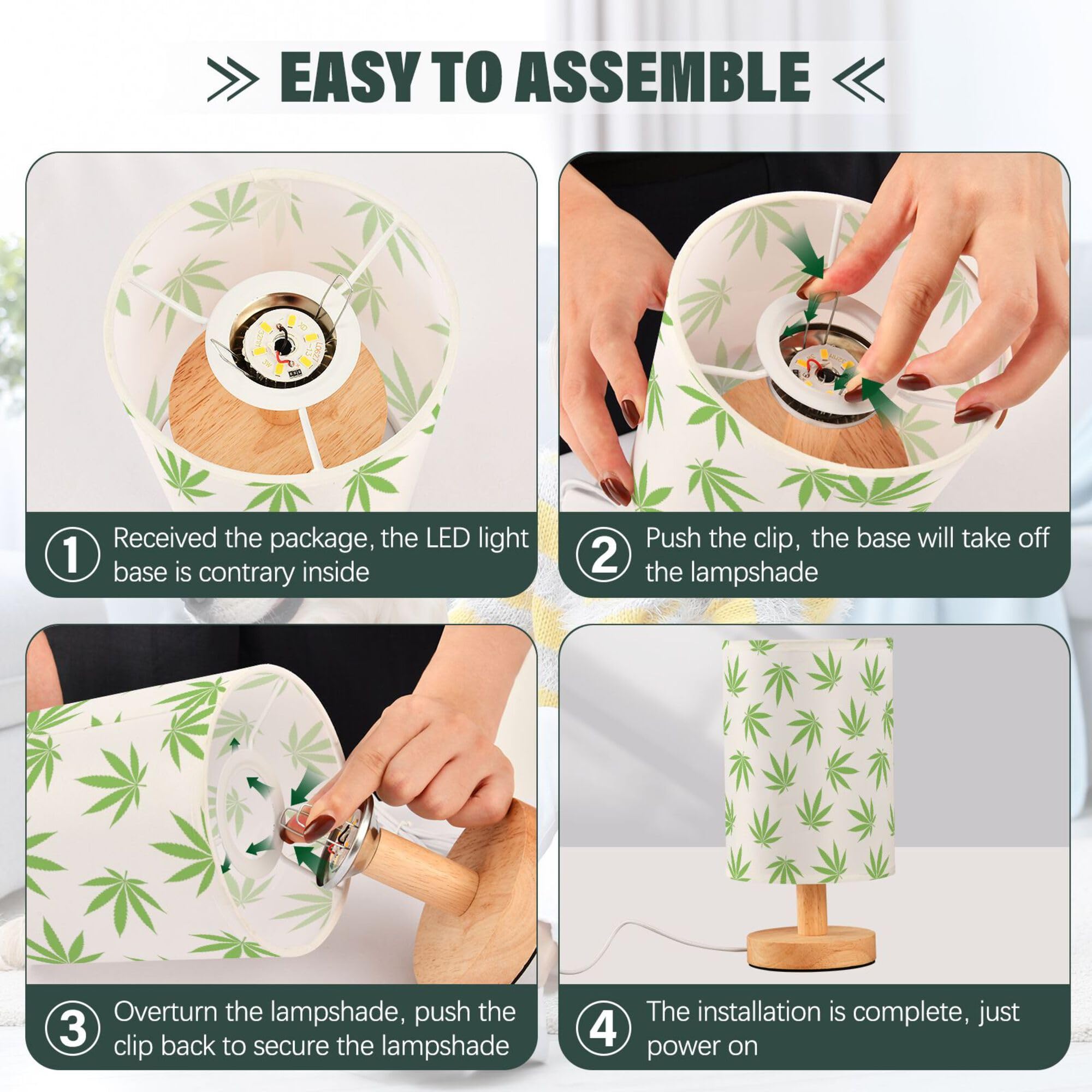 Yyzzh Table Lamp Green Marijuana Leaf Cannabis Weed Leaves On White Nightstand Lamp With Wood Base Fabric Lamp Shade Bedside Des