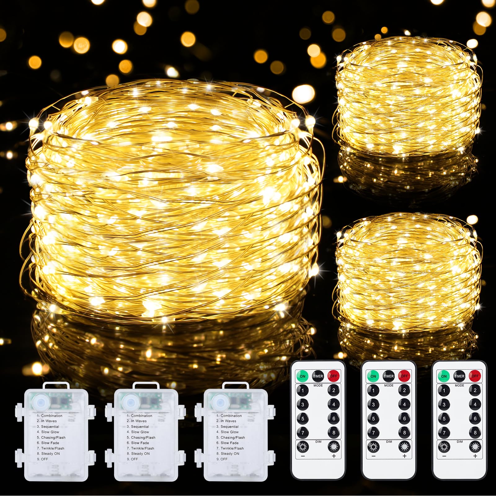 Mlambert Fairy Lights - 3 Pack 33FT, Warm White, Battery Operated, Waterproof, Dimmable, 100 LEDs, Remote & Timer, Model OKDMX-BWSL