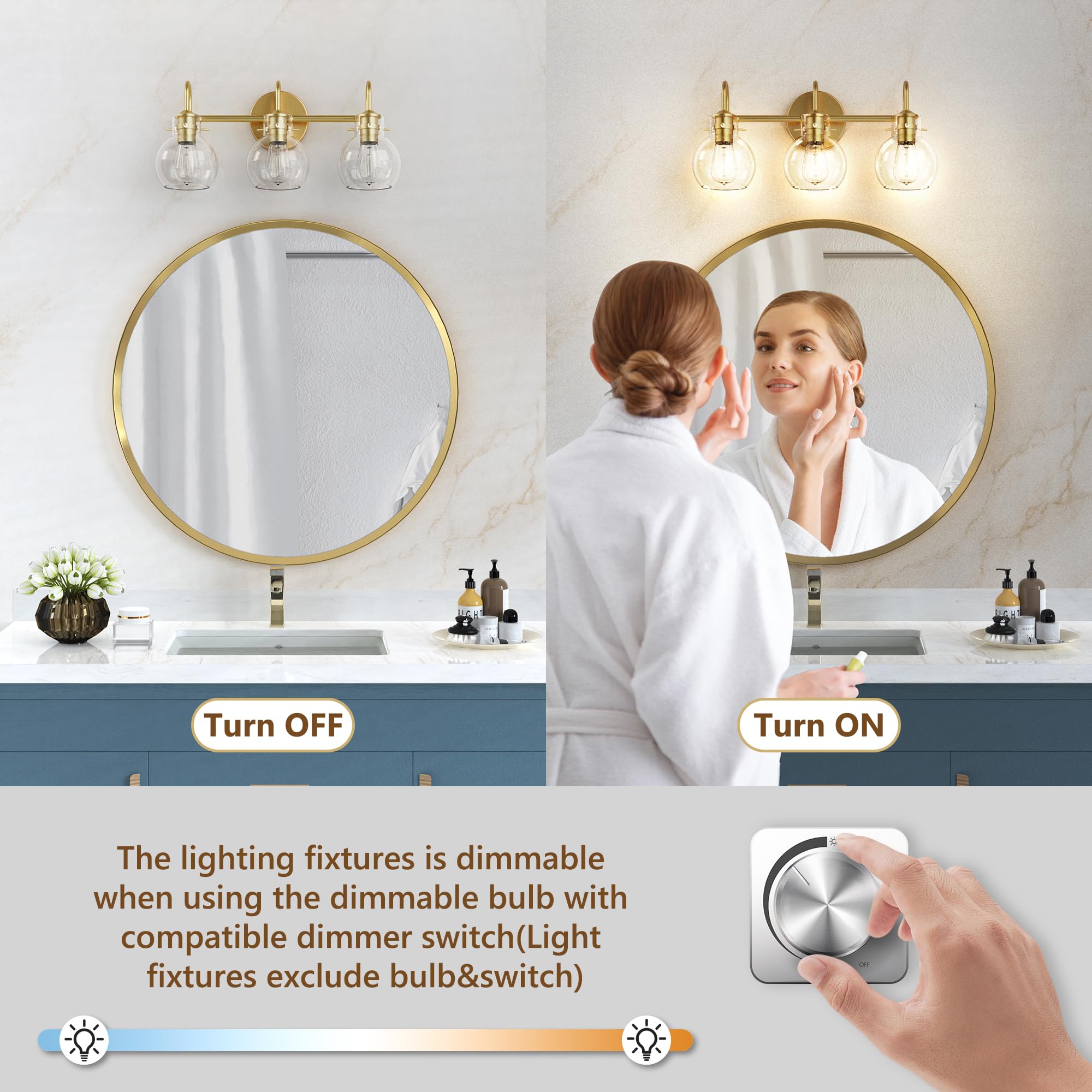 PRIMEPLUS Gold Vanity Light - 3 Light Bathroom Fixtures with Clear Globe Glass Shade, Model 2109-GD, Metal Sconces for Modern Decor