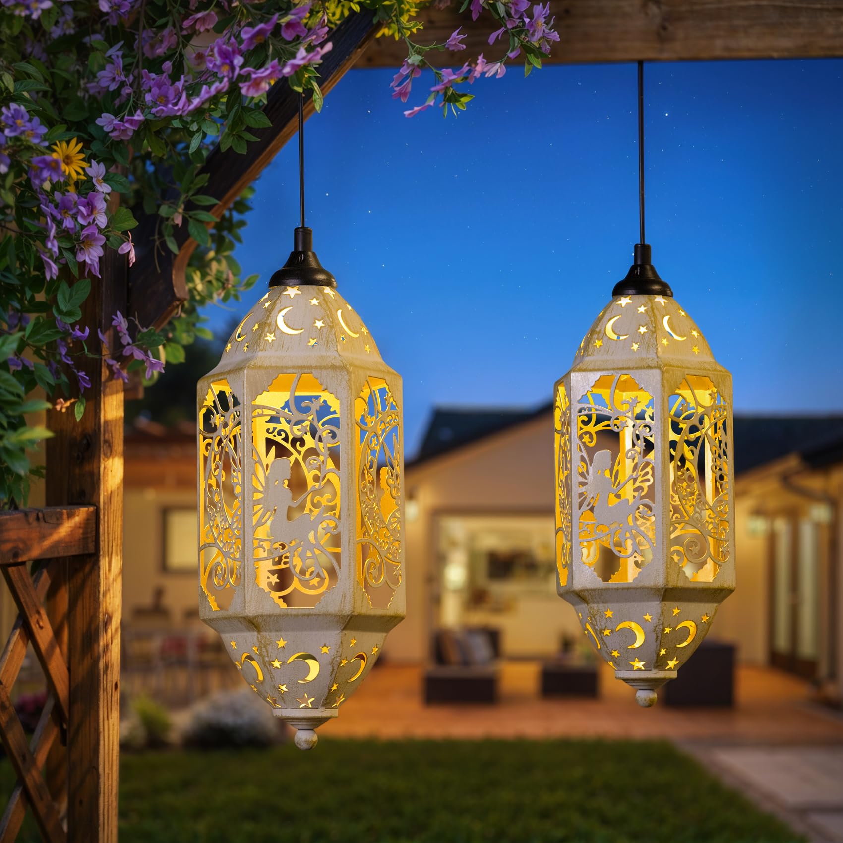 Outdoor Solar Lanterns Waterproof Fairy Moon Garden Gifts For Women Mom12.4‘’ Metal Garden Lanterns Hanging Light For Patio Backyard Decorations, Mothers Day Birthday Gifts (Gold White,2Pack)