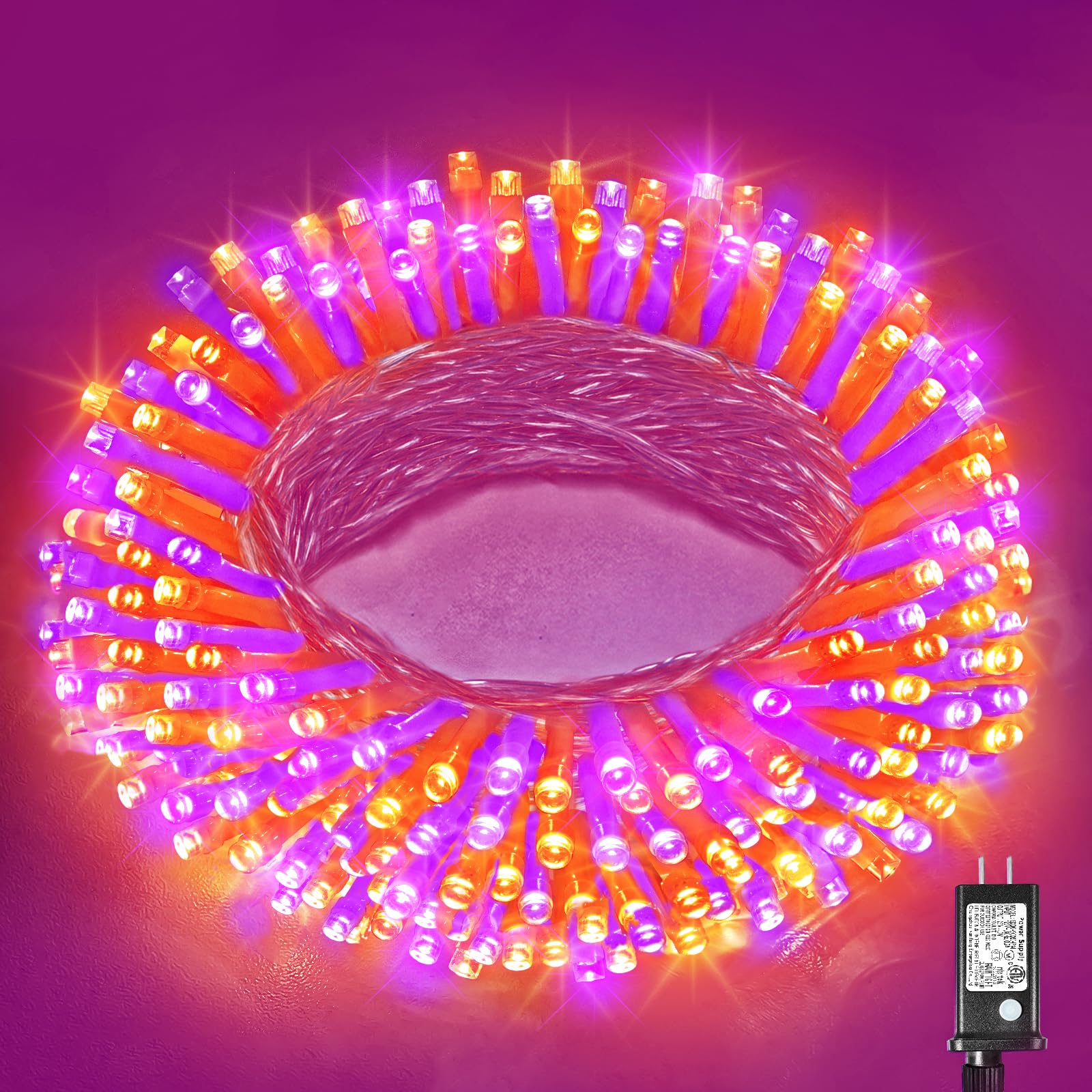 100 Led Halloween Lights Outdoor, 33Ft Halloweem String Lights Indoor Clear Wire 8 Modes Waterproof Plug In Twinkle Fairy Lights With Timer Memory For Room Tree Party Decorations, Purple&Orange